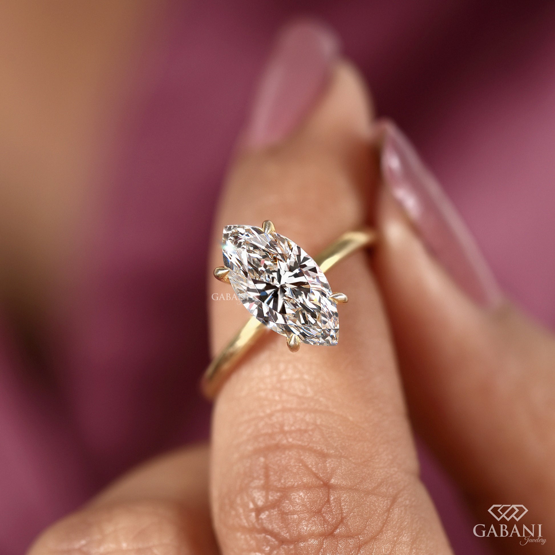 prong set marquise cut lab grown diamond solitaire ring designed with a simple pipe shank