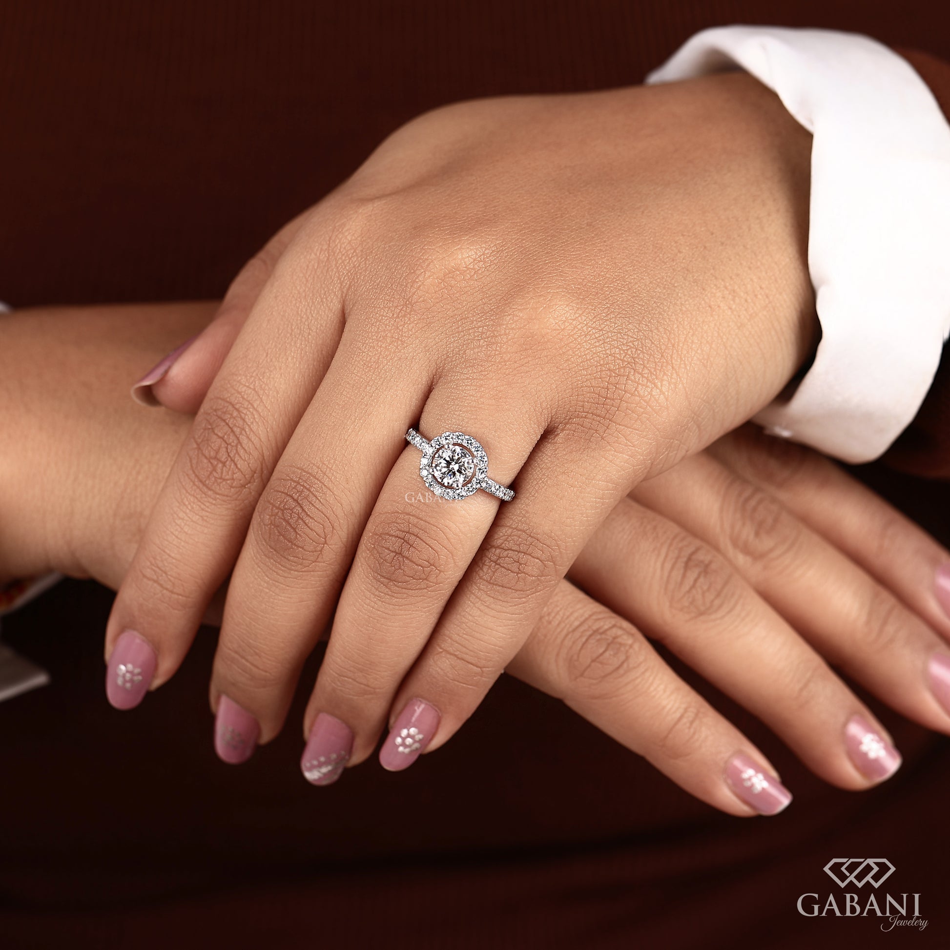 solid white gold ring with round lab grown diamond halo