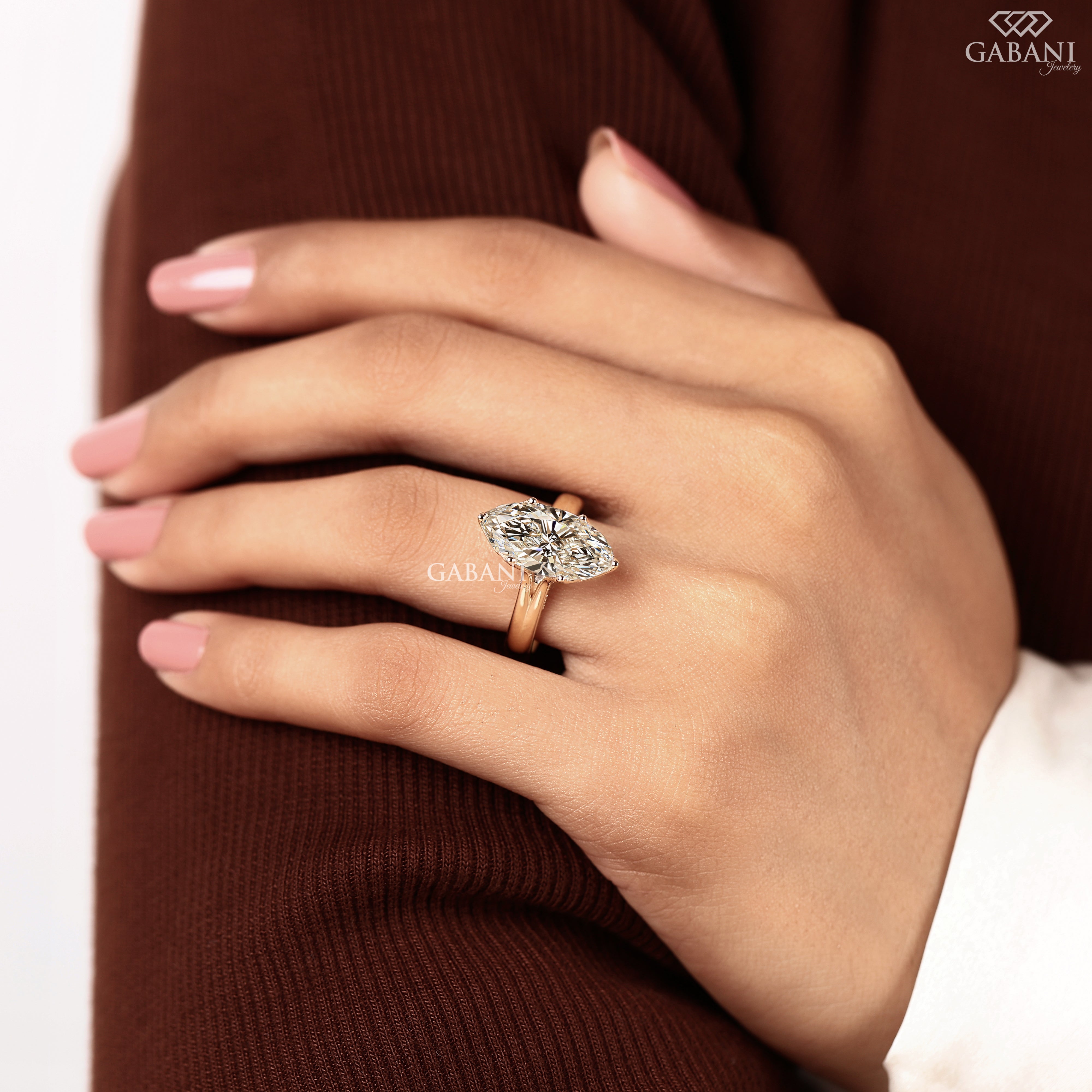 IGI certified marquise cut lab grown diamond ring with vintage inspired design