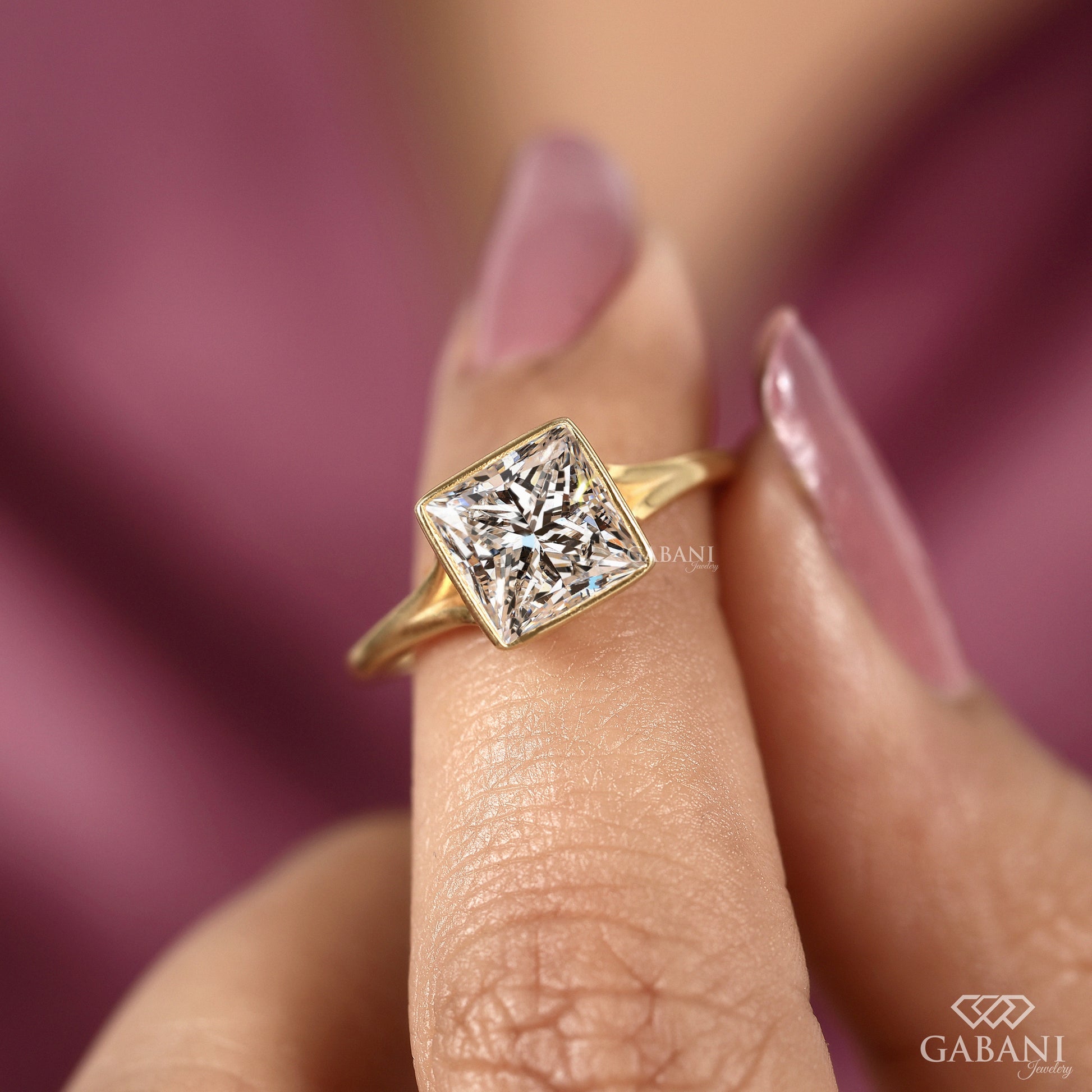 bezel set princess cut lab grown diamond ring with low profile comfort fit
