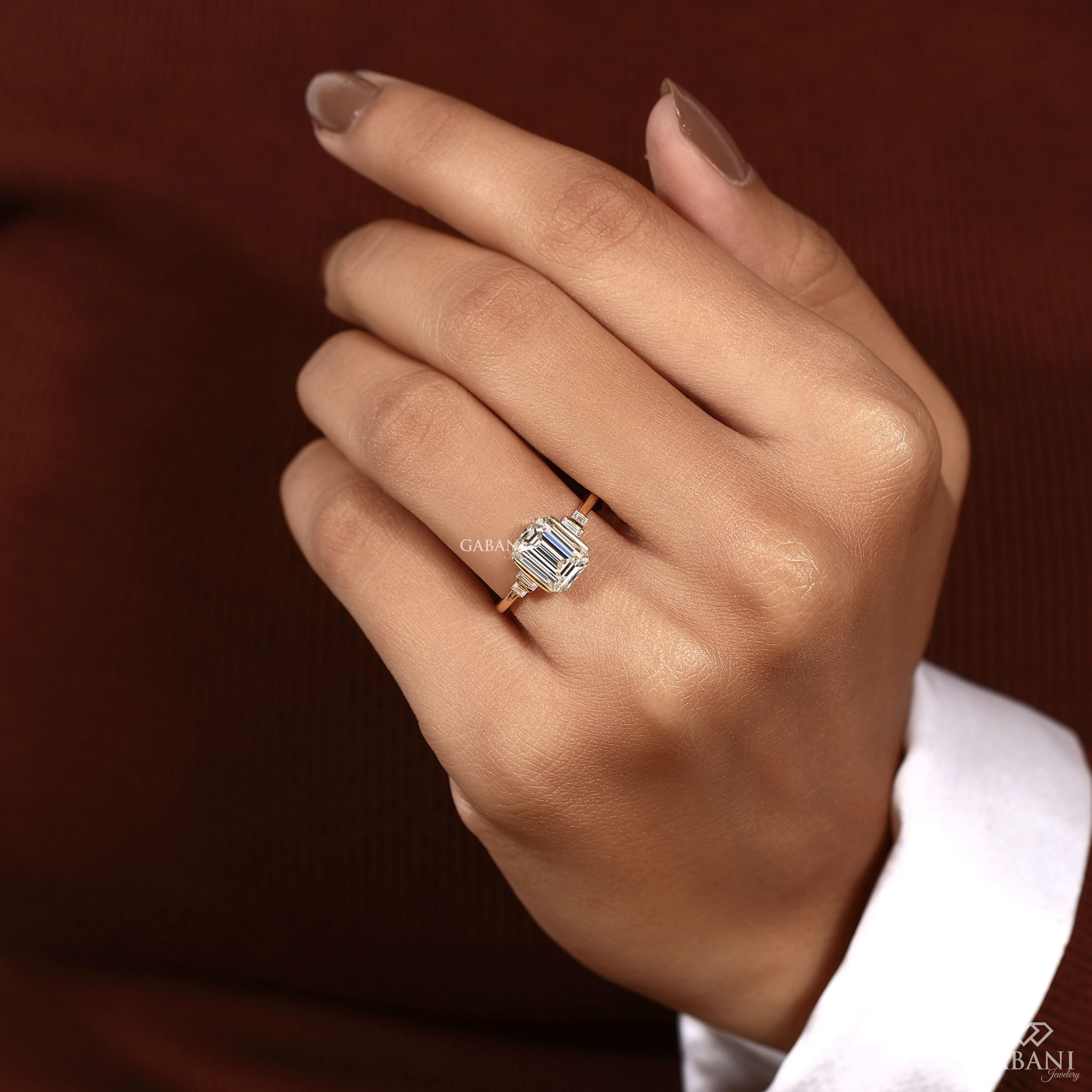 Emerald Cut Lab Grown Diamond Engagement Ring, Baguette Side Stone Solitaire Bridal Ring