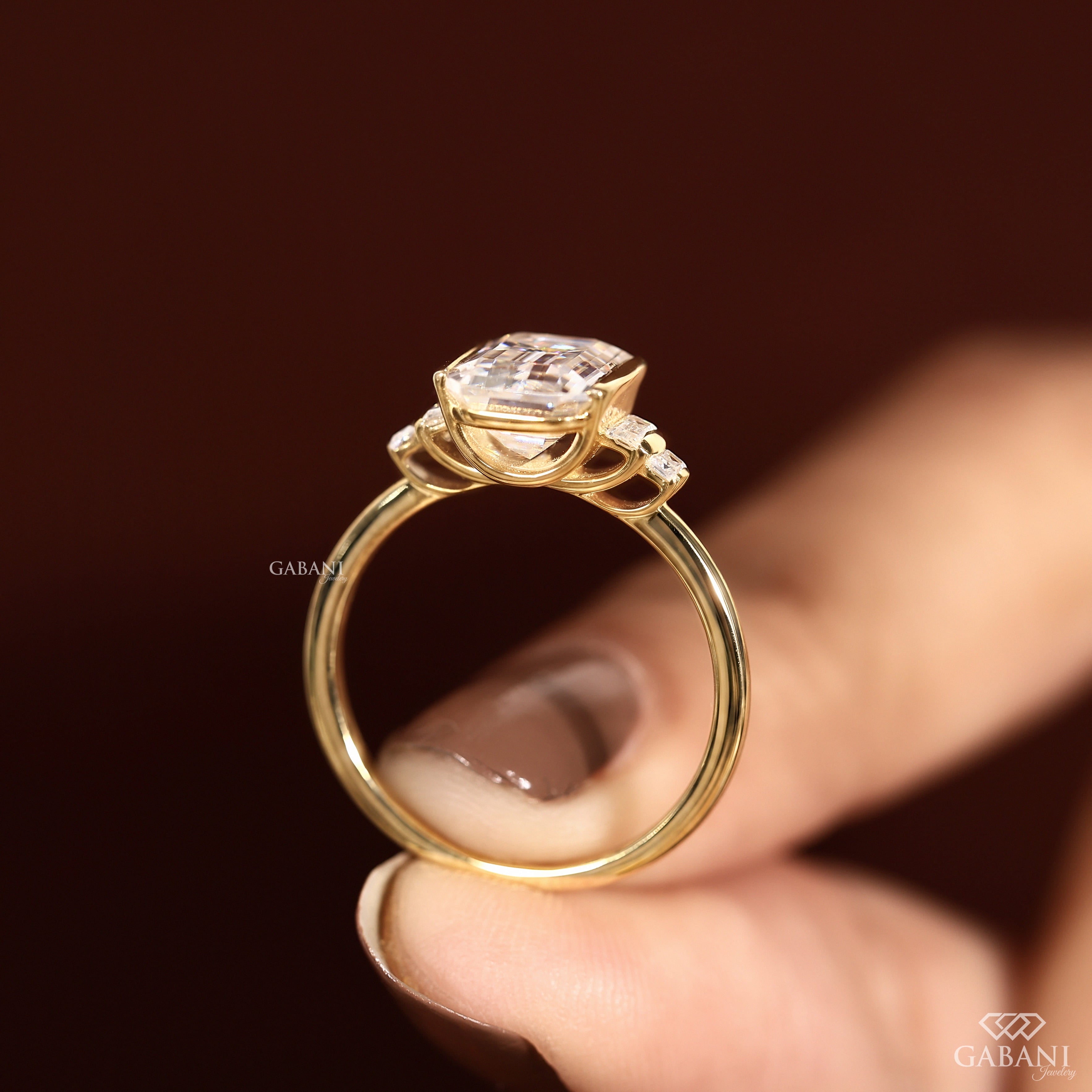Emerald Cut Lab Grown Diamond Engagement Ring, Baguette Side Stone Solitaire Bridal Ring