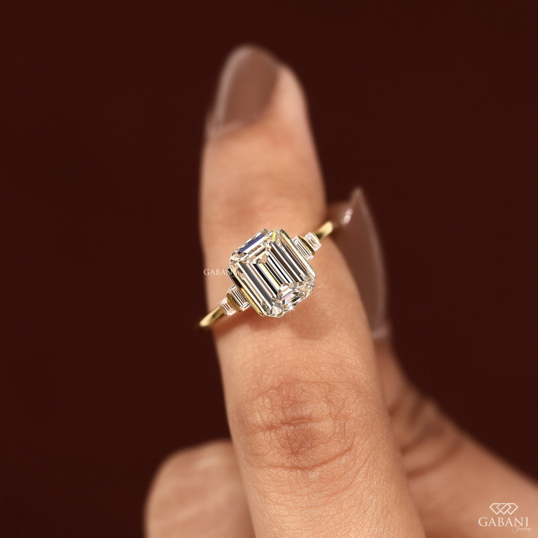 Emerald Cut Lab Grown Diamond Engagement Ring, Baguette Side Stone Solitaire Bridal Ring