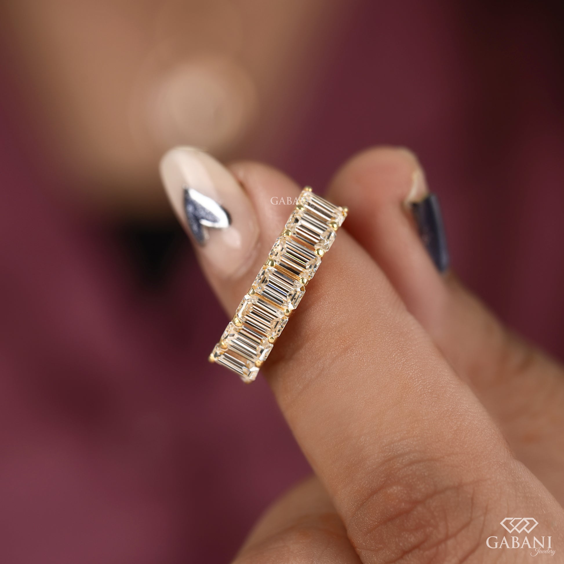 Certified lab grown emerald cut diamond band in solid yellow gold