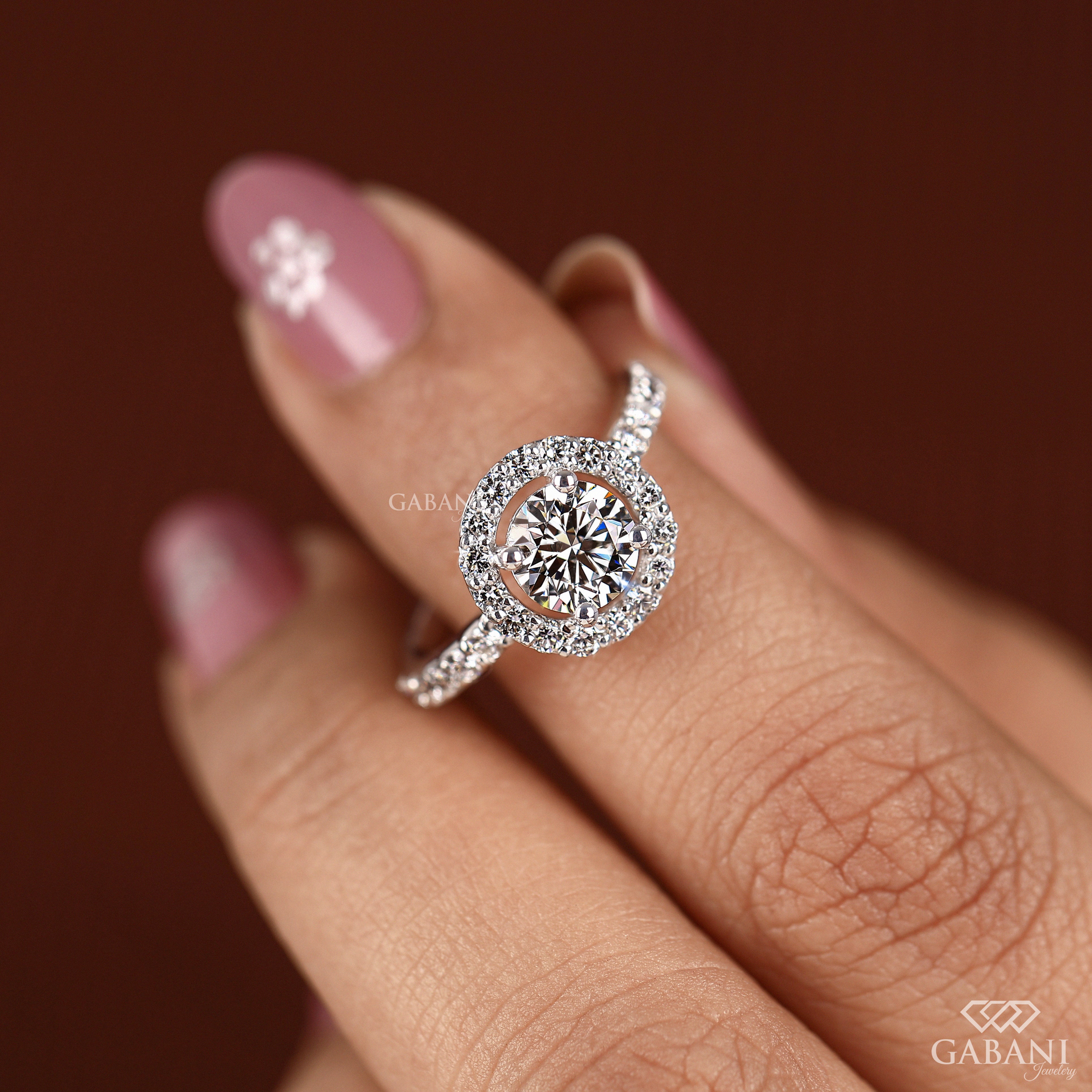 Round Cut Diamond Halo Engagement Ring with Pave Diamond Band