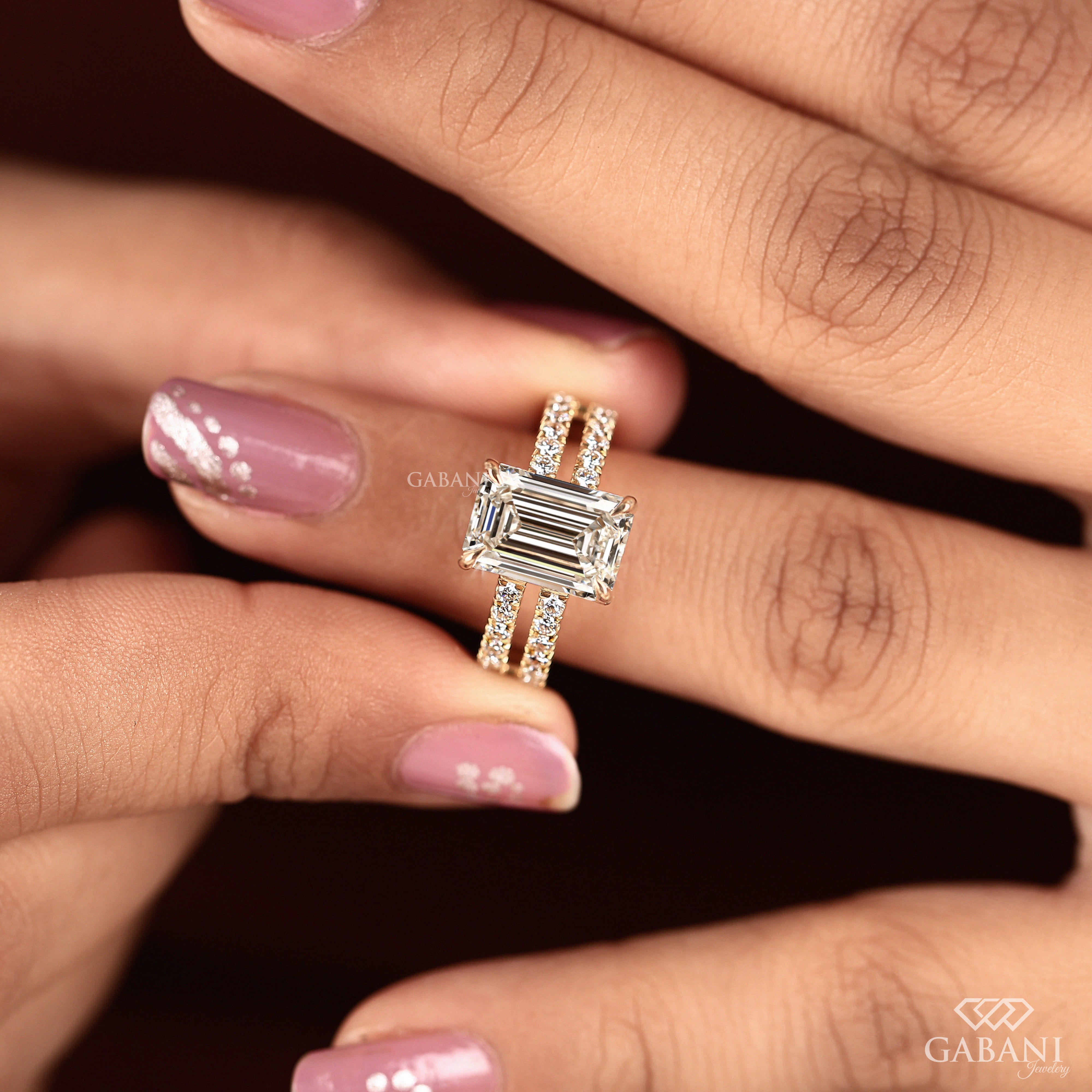Emerald Cut Lab Diamond Double Row Pavé Ring