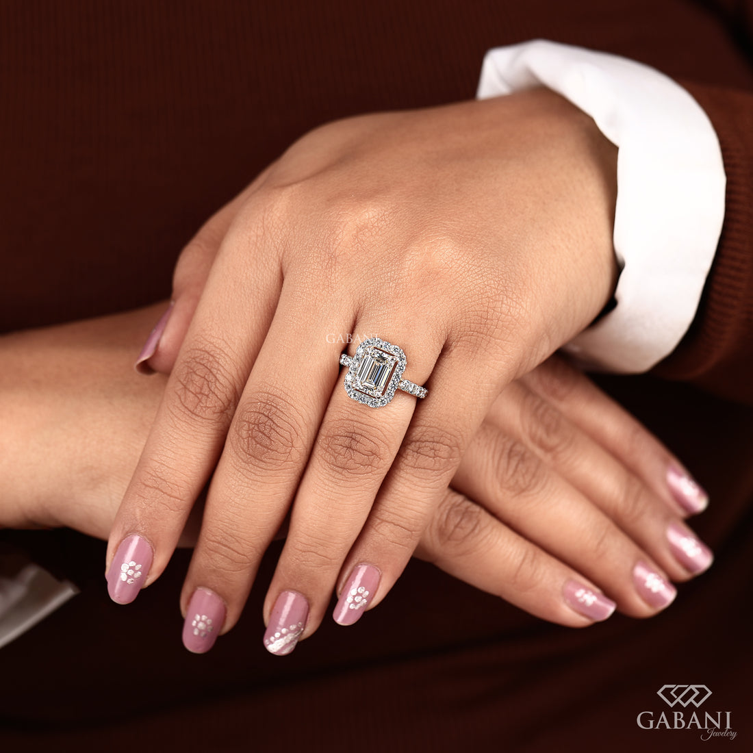 Emerald Cut Diamond Halo Engagement Ring with Pave Diamond Band