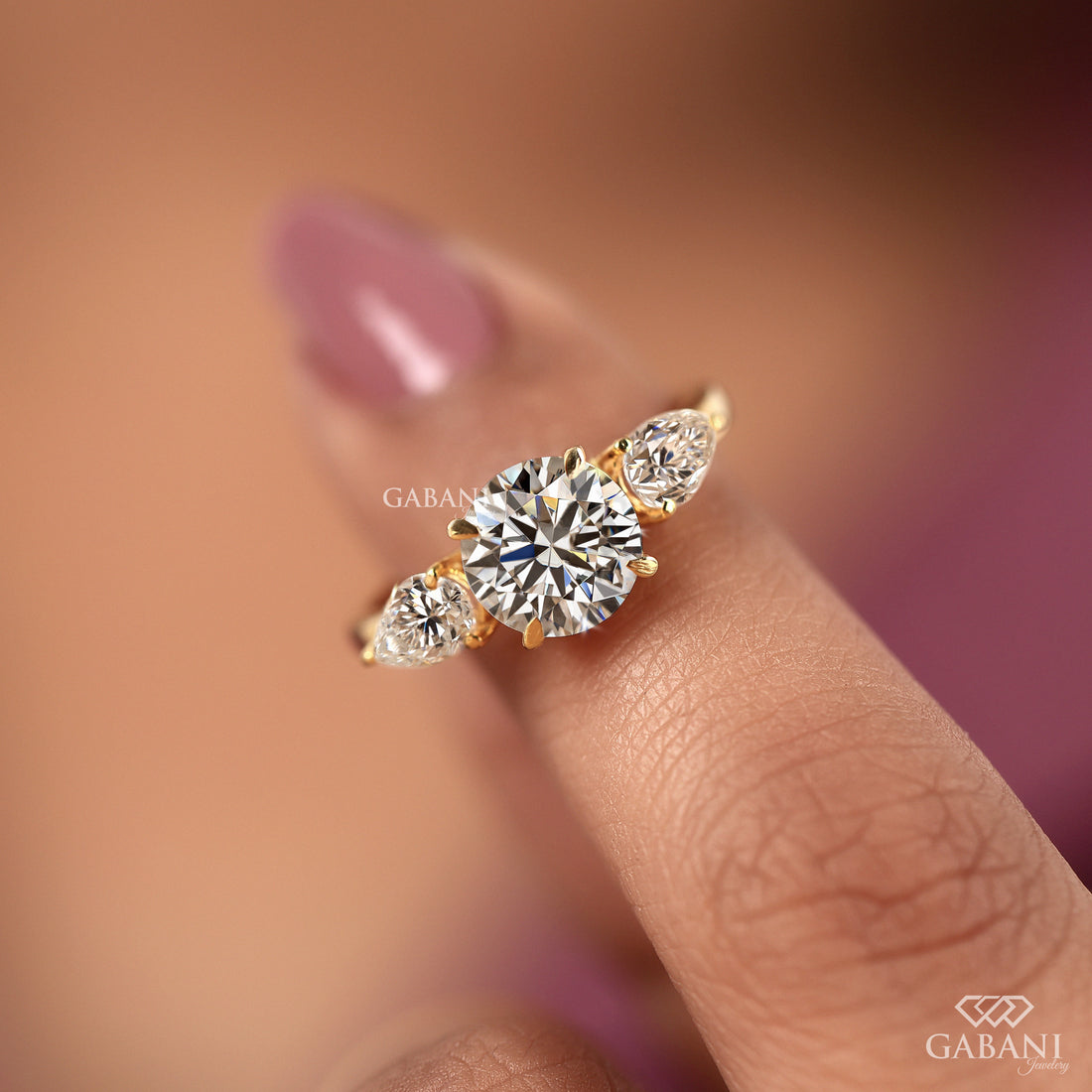 Round Diamond Three Stone Engagement Ring, Pear Side Stone Gold Ring