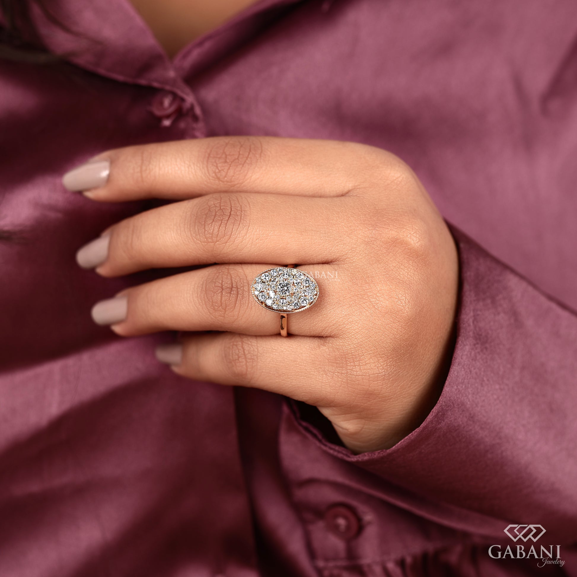 Ballerina mosaic diamond ring with marquise and round diamonds
