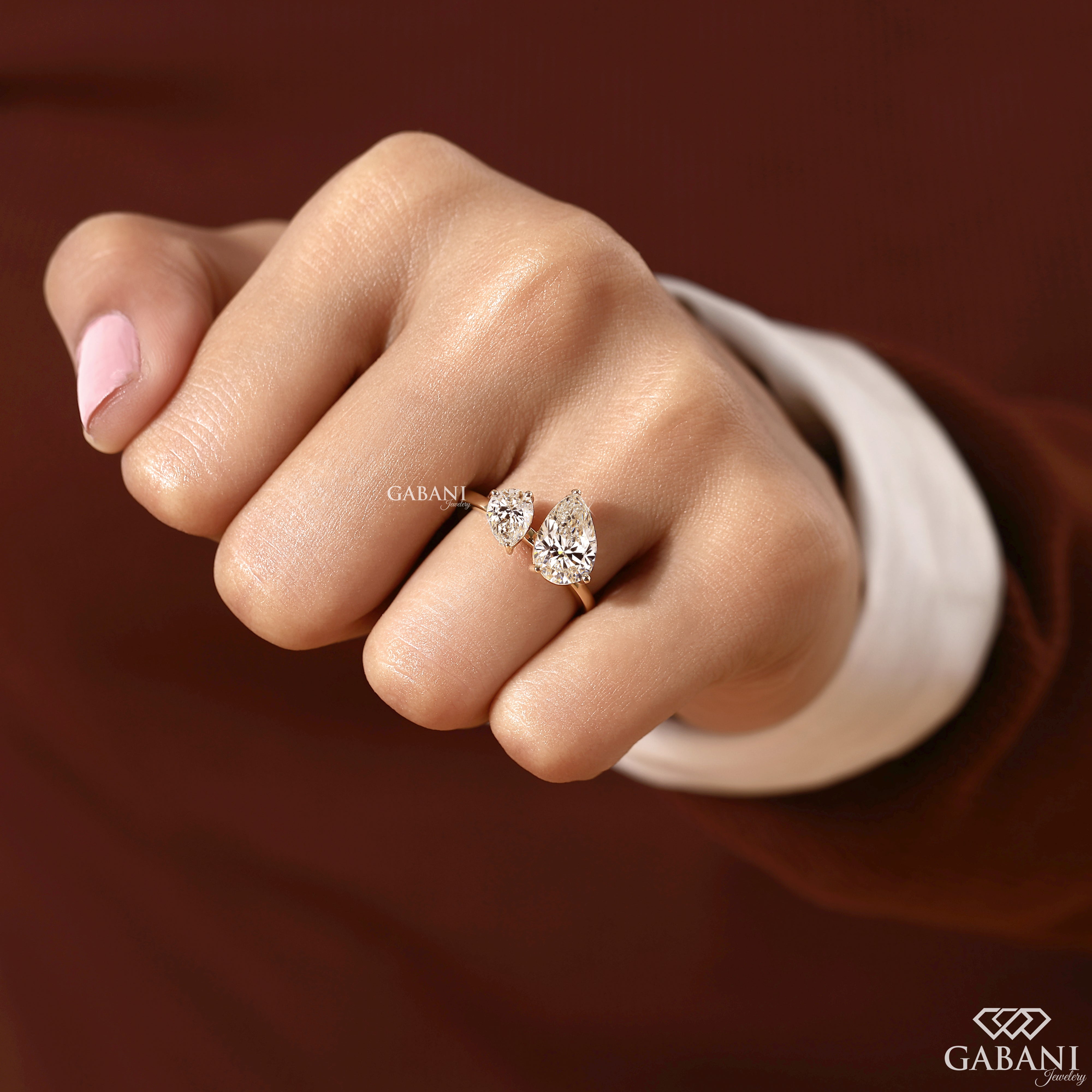 Lab grown diamond Toi et Moi ring with pear shaped stones