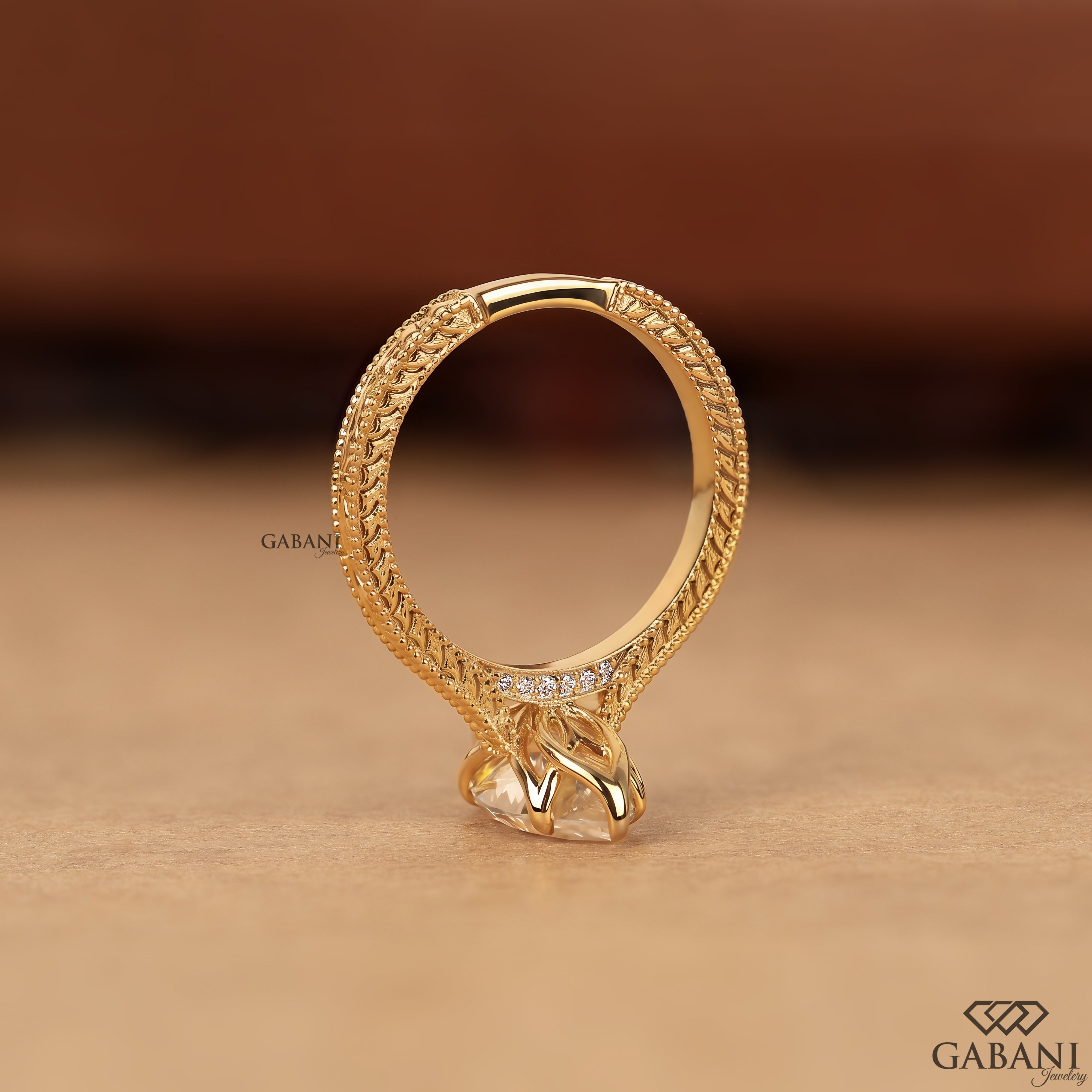 Lab grown diamond ring with marquise center and vintage design