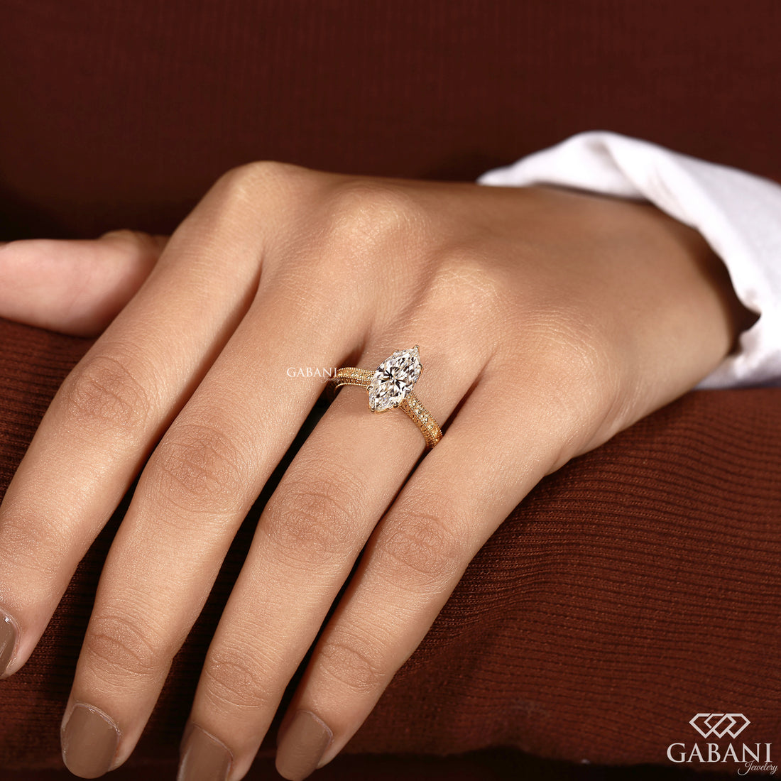 Lab grown marquise diamond engagement ring with vintage detailing