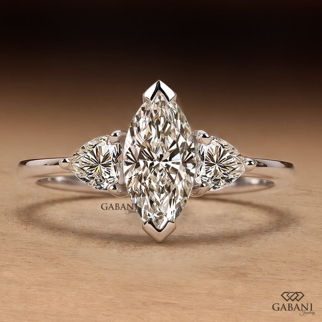 Marquise cut lab grown diamond engagement ring with heart shaped side stones