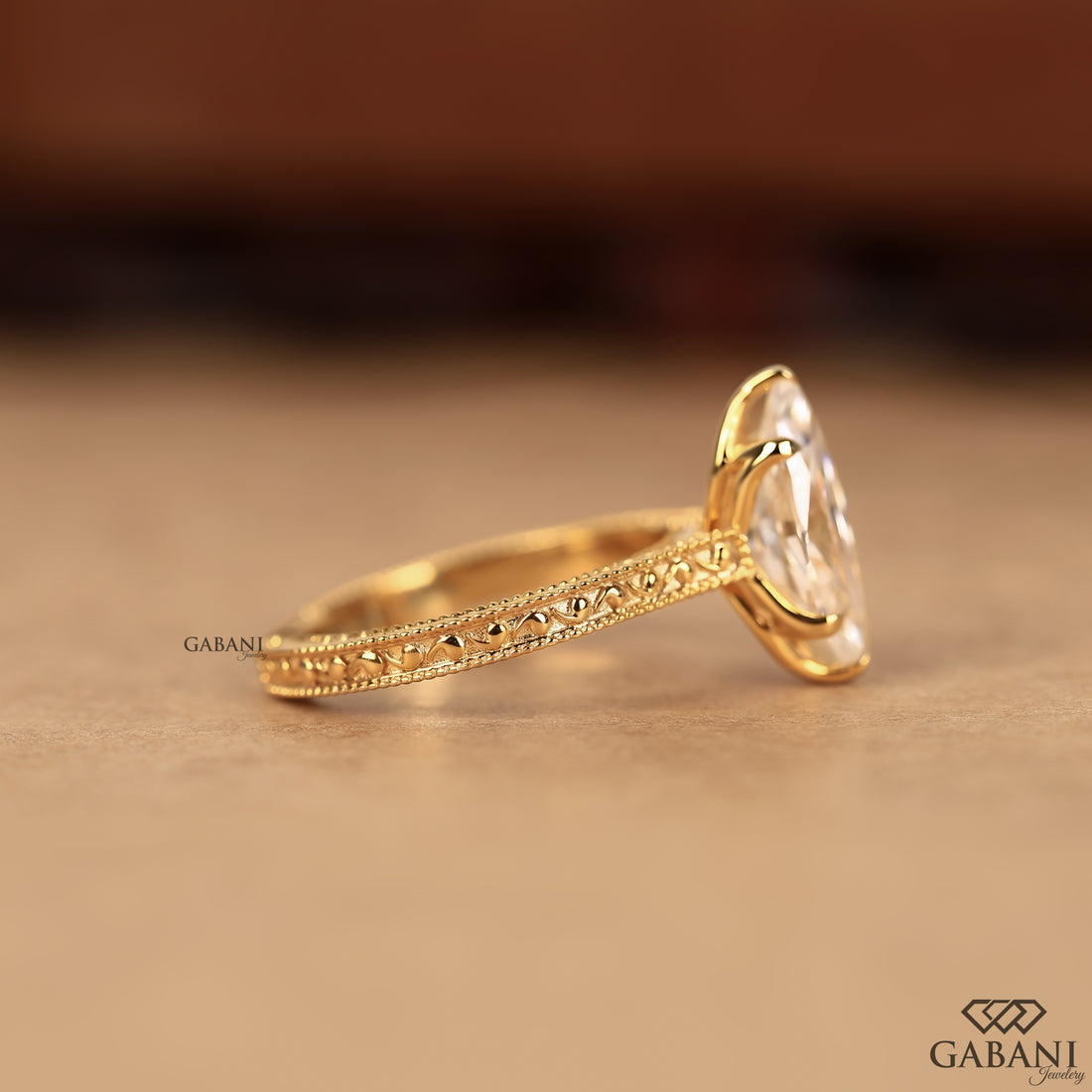 Marquise cut lab grown diamond engagement ring with antique style band