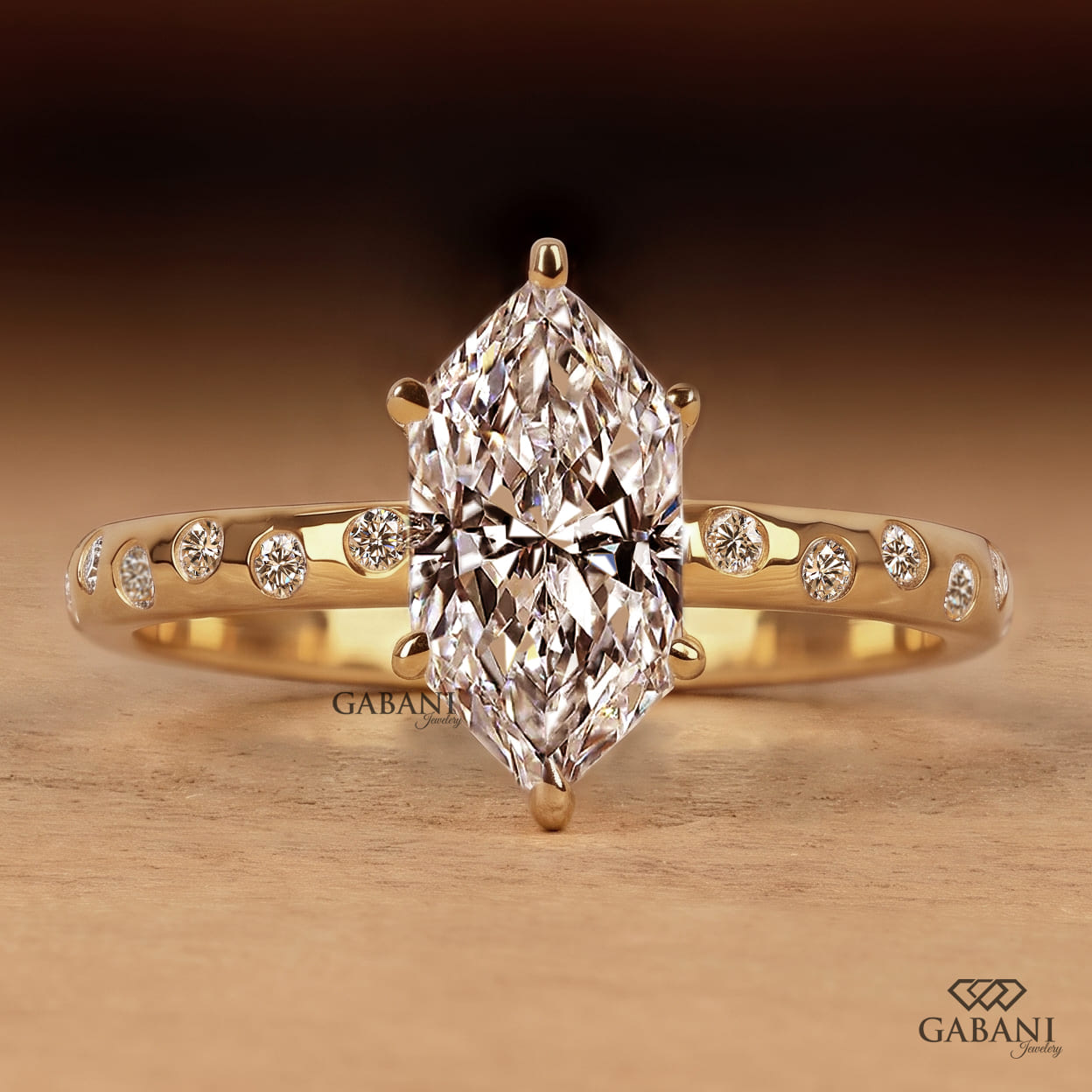 Marquise cut lab grown diamond engagement ring with sparkling round diamond accent band and elegant prong setting