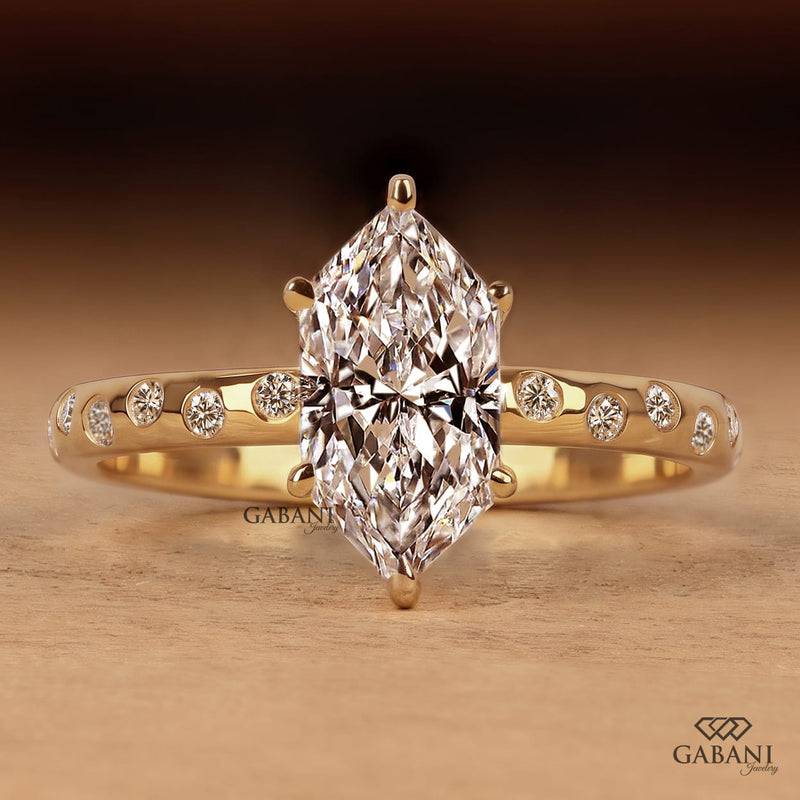 Marquise Cut Lab Grown Diamond Engagement Ring, Pavé Diamond Band