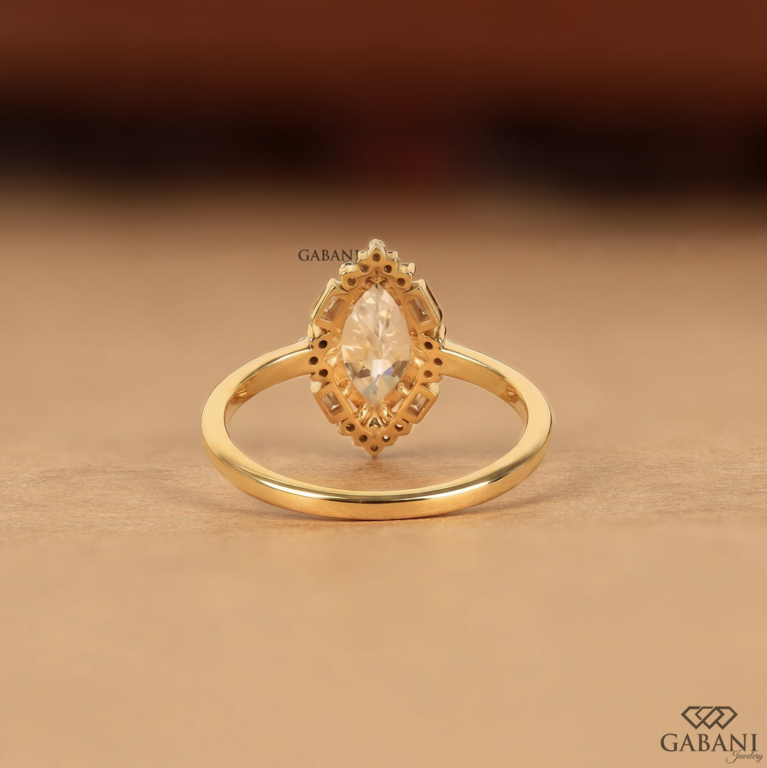 Marquise cut lab grown diamond ring with geometric vintage setting