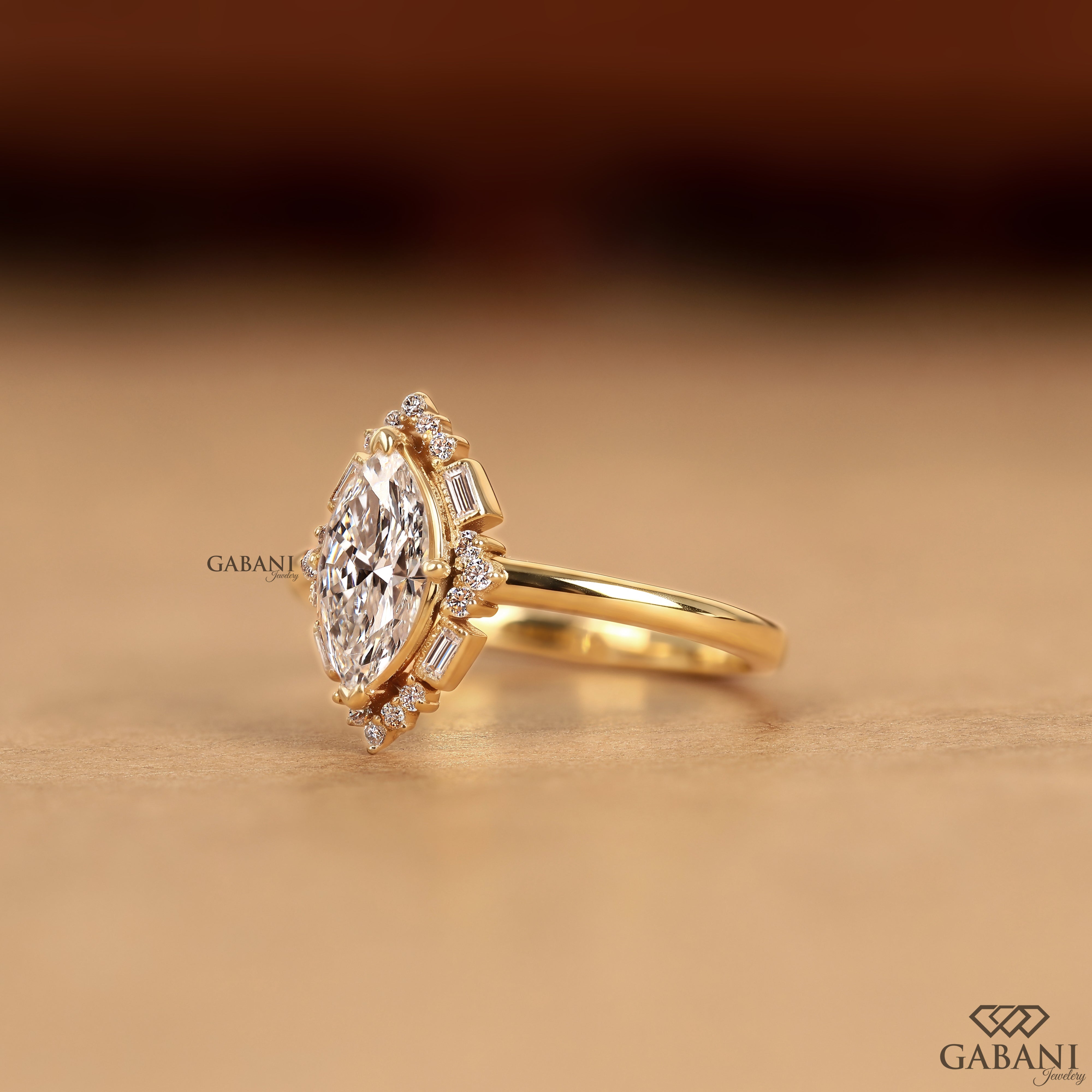 Marquise lab grown diamond ring with baguette and round diamond accents