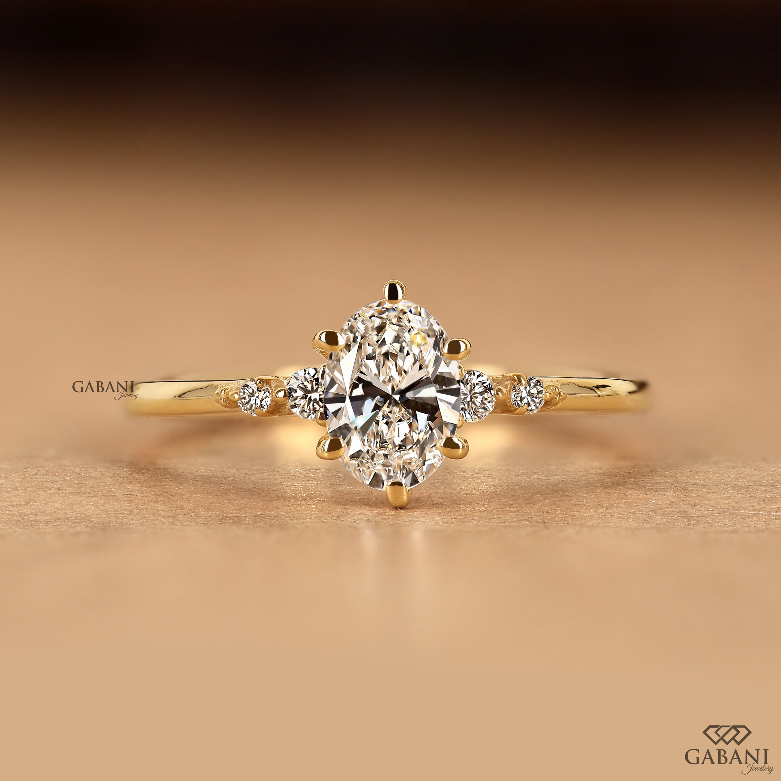 Oval cut lab grown diamond engagement ring with round side stones