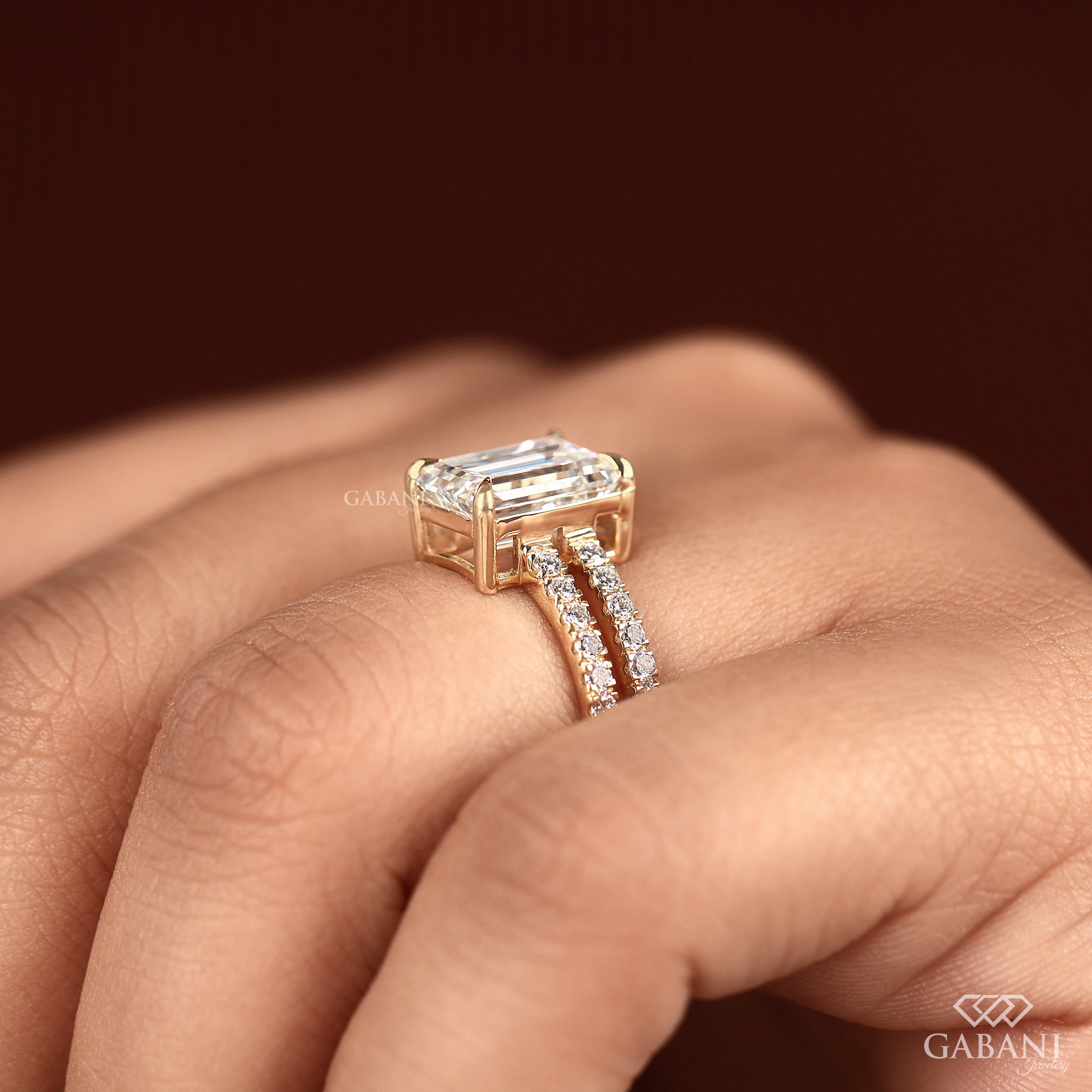 Emerald cut lab grown diamond engagement ring with double row pavé 