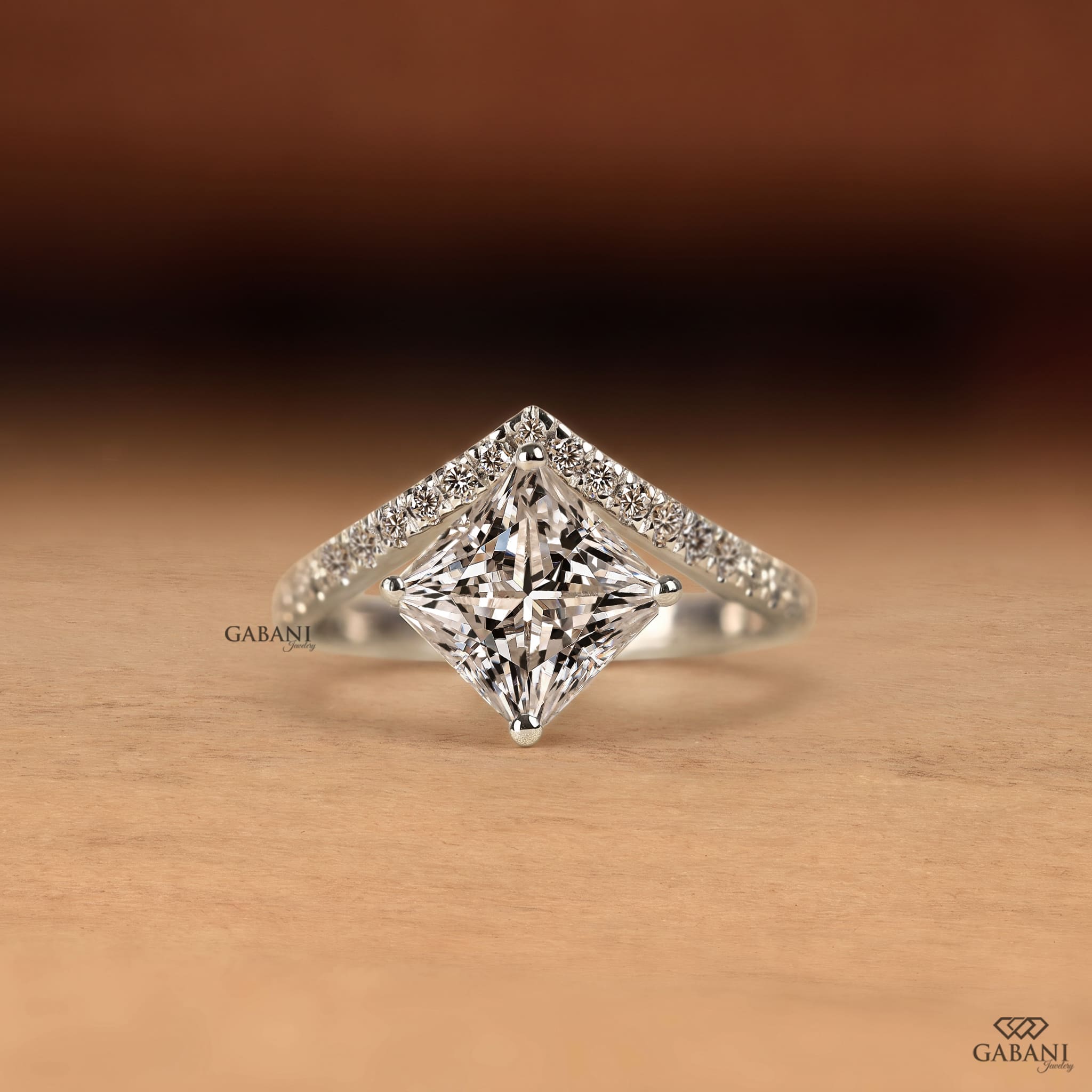 Princess cut lab grown diamond engagement ring in white gold with a kite set center stone and round pave diamond accents on a cathedral style band, designed for engagement, bridal, proposal, or anniversary wear.