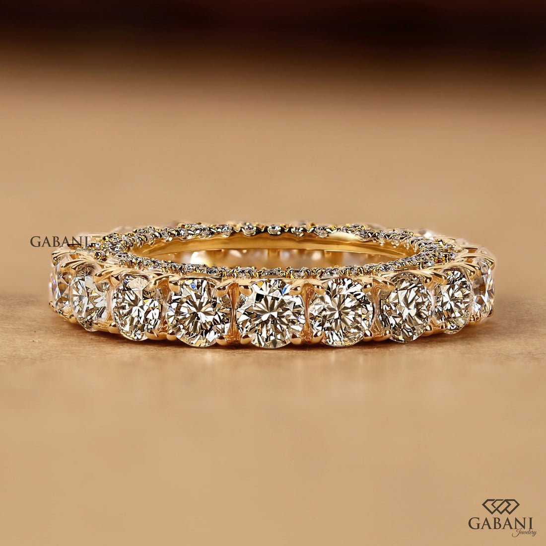 Round cut lab grown diamond full eternity band in yellow gold with continuous diamonds and side accent stones, designed for wedding, anniversary, bridal, and stackable wear.