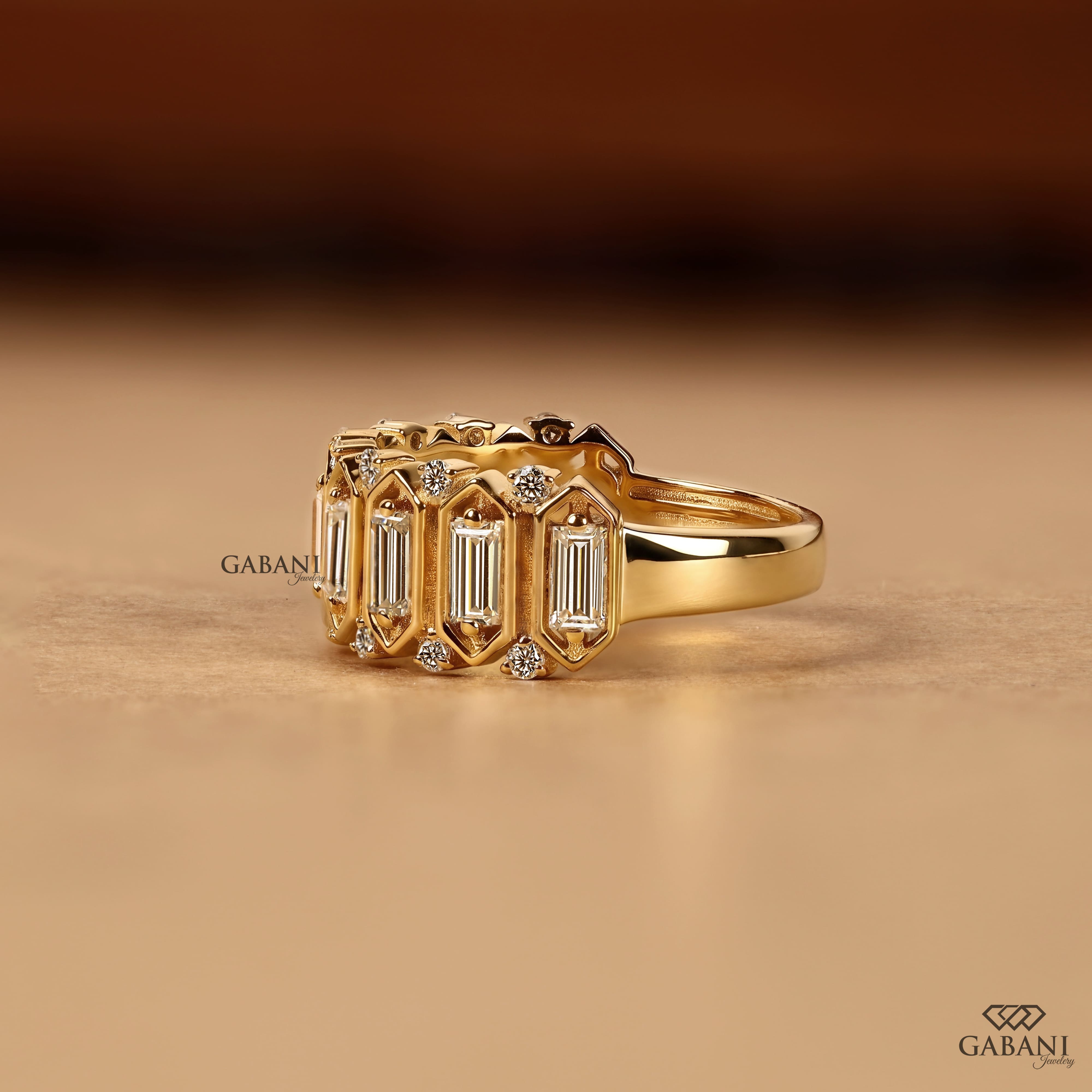 Emerald cut lab grown diamond wedding band in yellow gold with round diamond accents and a bold geometric design for bridal, anniversary, and statement wear.