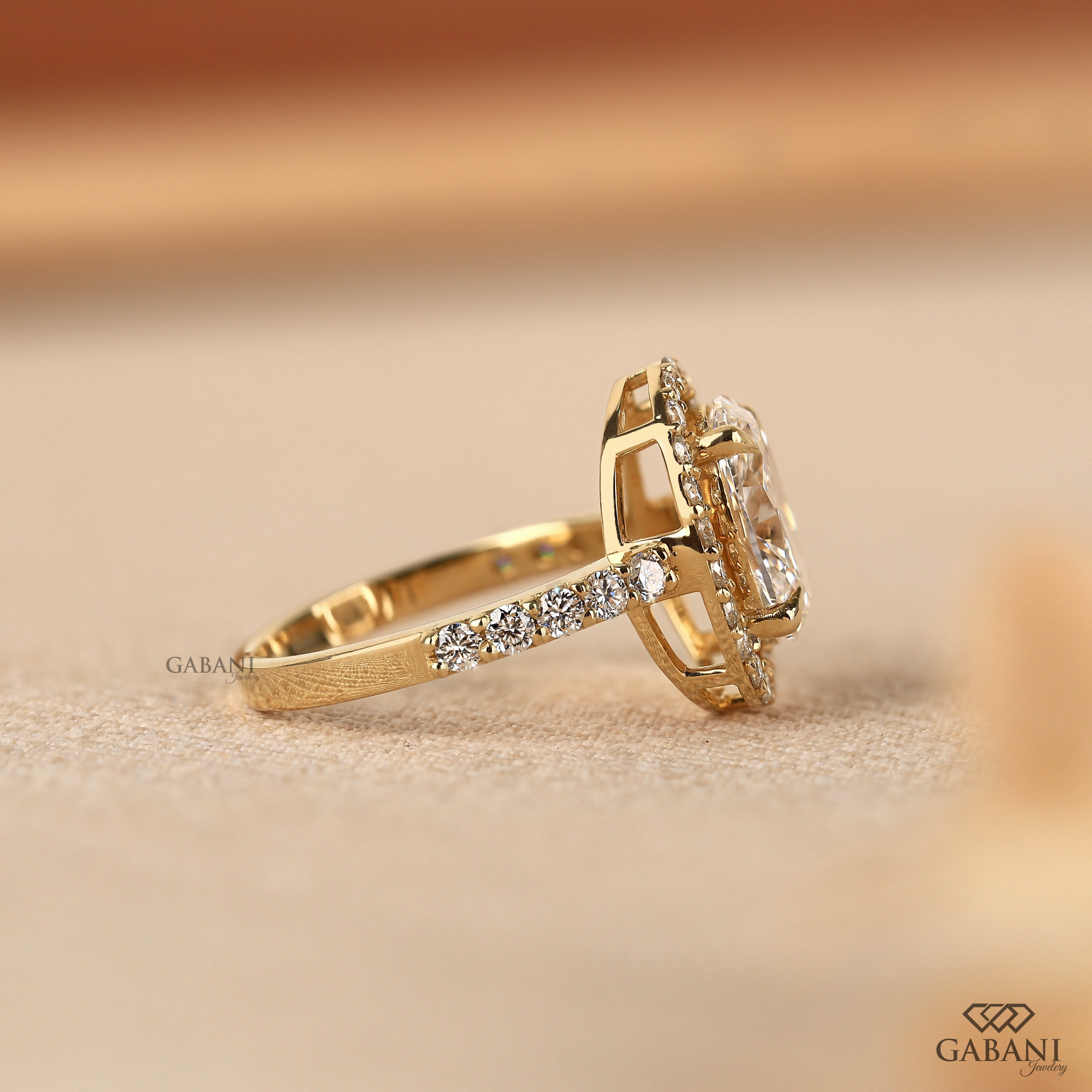 Oval cut lab grown diamond halo engagement ring with pave diamond band, IGI certified EF color VS1 clarity, yellow gold bridal ring.