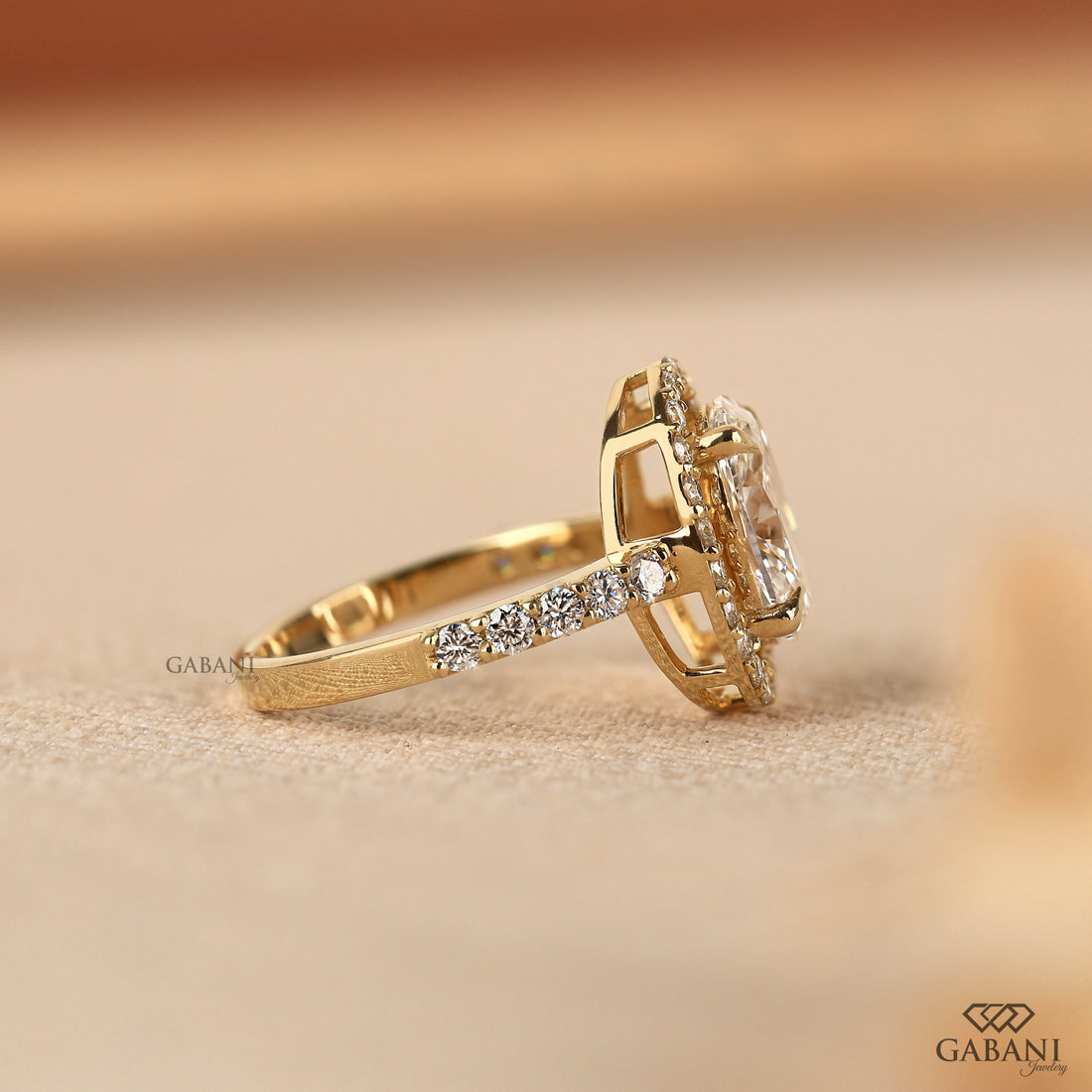 Oval cut lab grown diamond halo engagement ring with pave diamond band, IGI certified EF color VS1 clarity, yellow gold bridal ring.