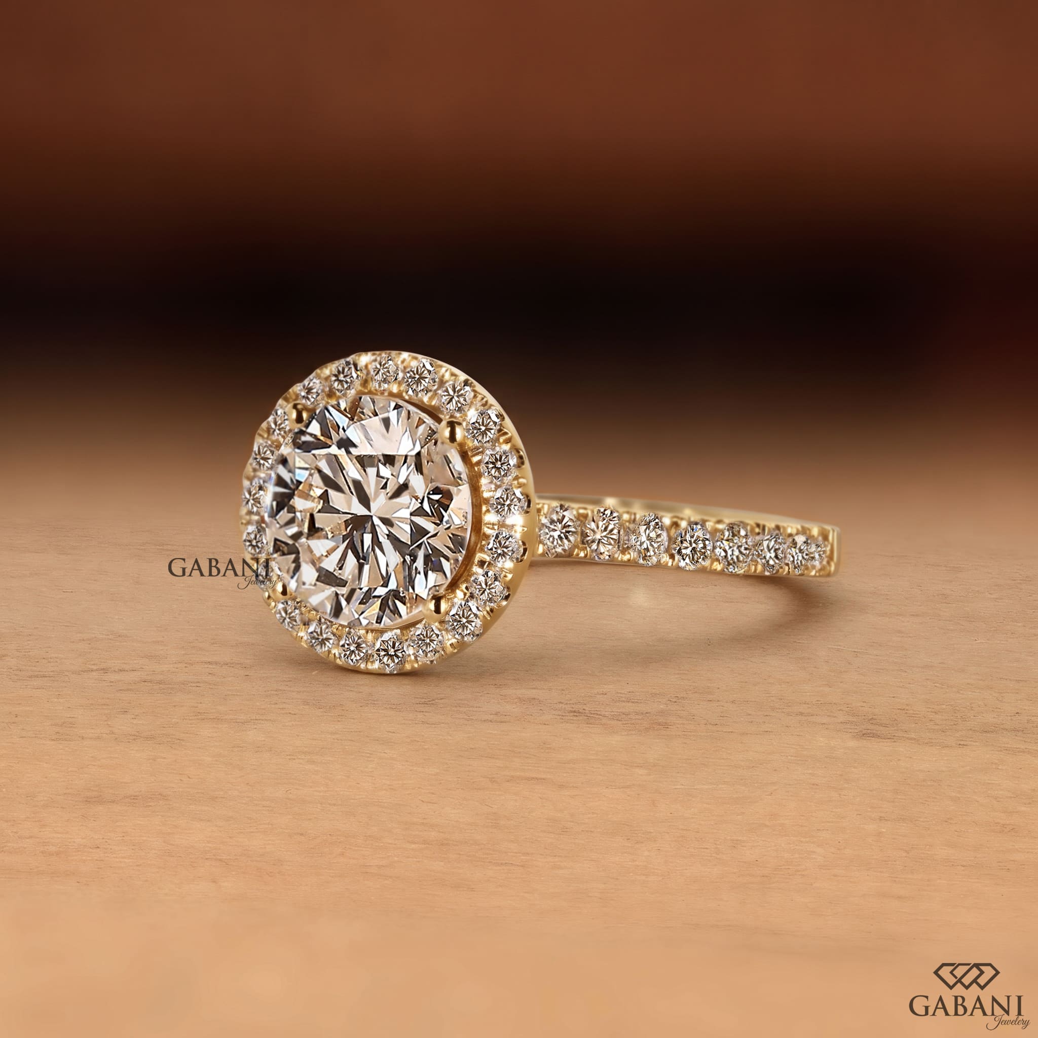 a round brilliant cut lab grown diamond engagement ring with a sparkling diamond halo and yellow gold pavé band.