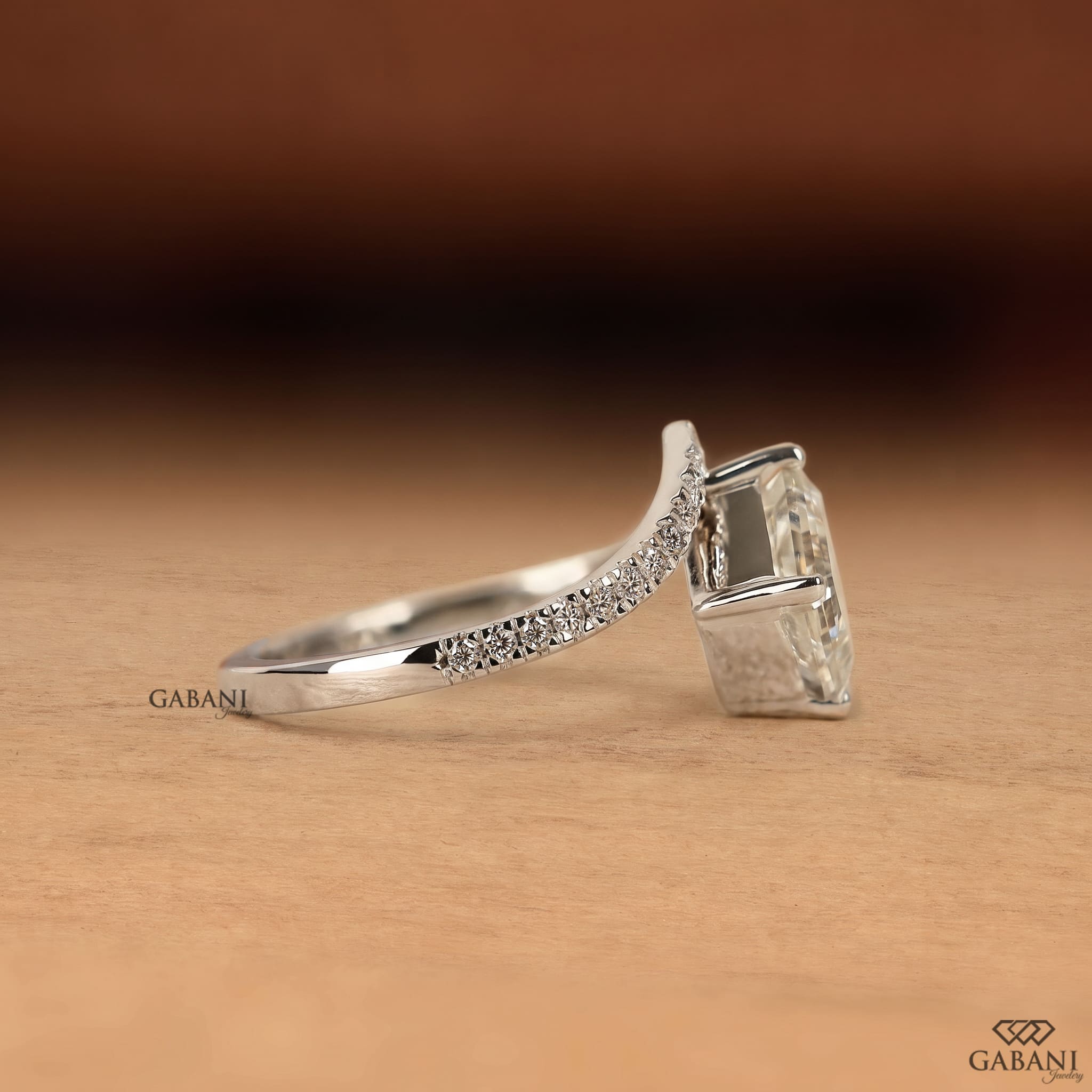 Princess cut lab grown diamond engagement ring in white gold with a kite set center stone and round pave diamond accents on a cathedral style band, designed for engagement, bridal, proposal, or anniversary wear.