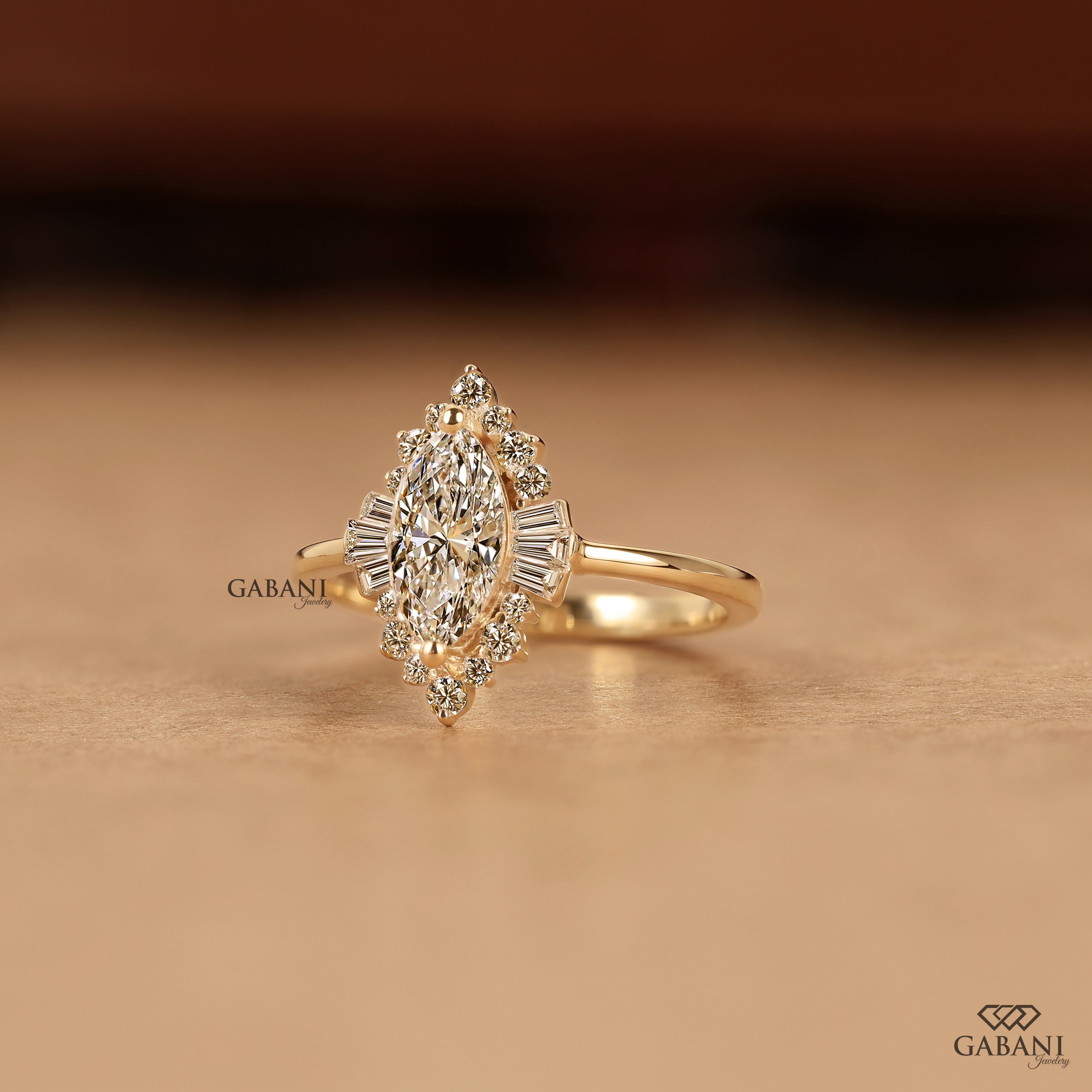 Marquise lab grown diamond engagement ring with floral halo, baguette side stones and yellow gold band, IGI certified EF color VS1 clarity.