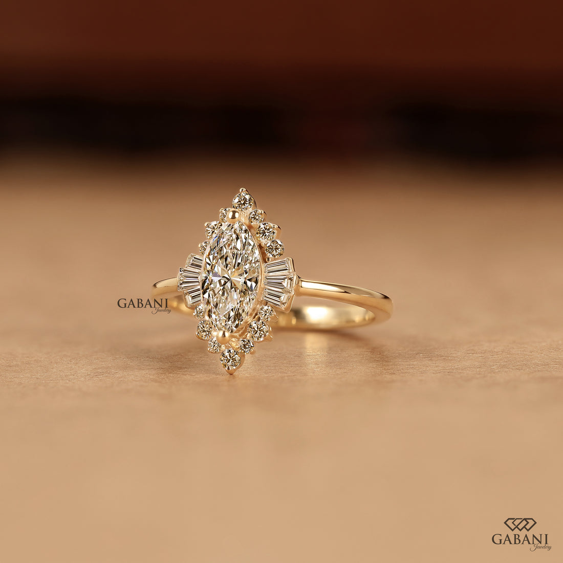 Marquise lab grown diamond engagement ring with floral halo, baguette side stones and yellow gold band, IGI certified EF color VS1 clarity.