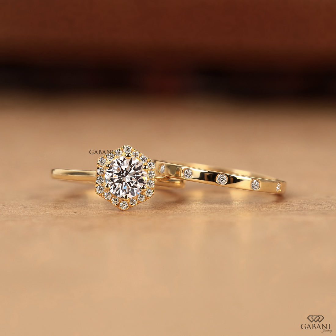 Round cut lab grown diamond engagement ring with hexagon halo, yellow gold band, IGI certified EF color and VS1 clarity.