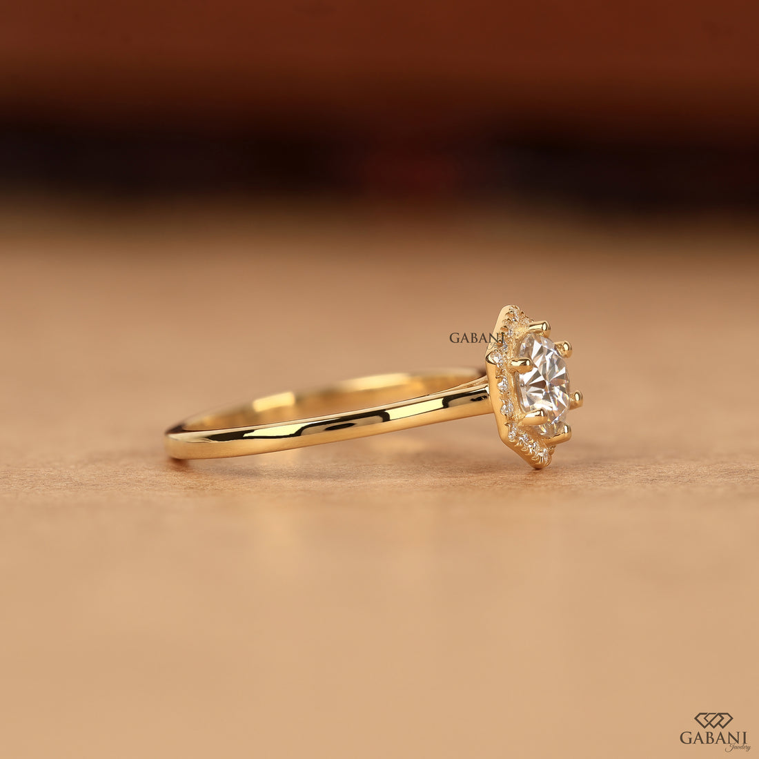 Round cut lab grown diamond engagement ring with hexagon halo, yellow gold band, IGI certified EF color and VS1 clarity.