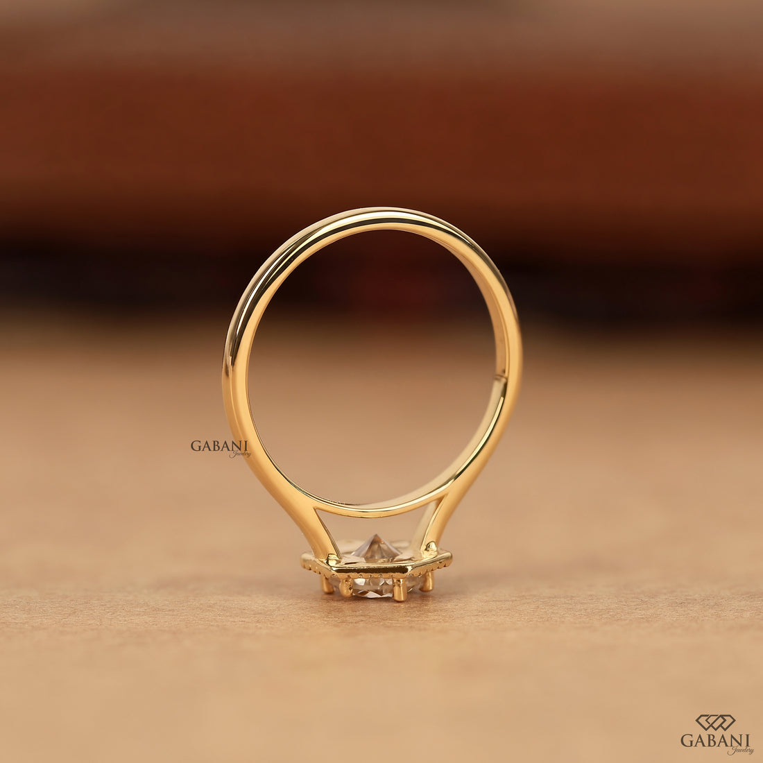 Round cut lab grown diamond engagement ring with hexagon halo, yellow gold band, IGI certified EF color and VS1 clarity.