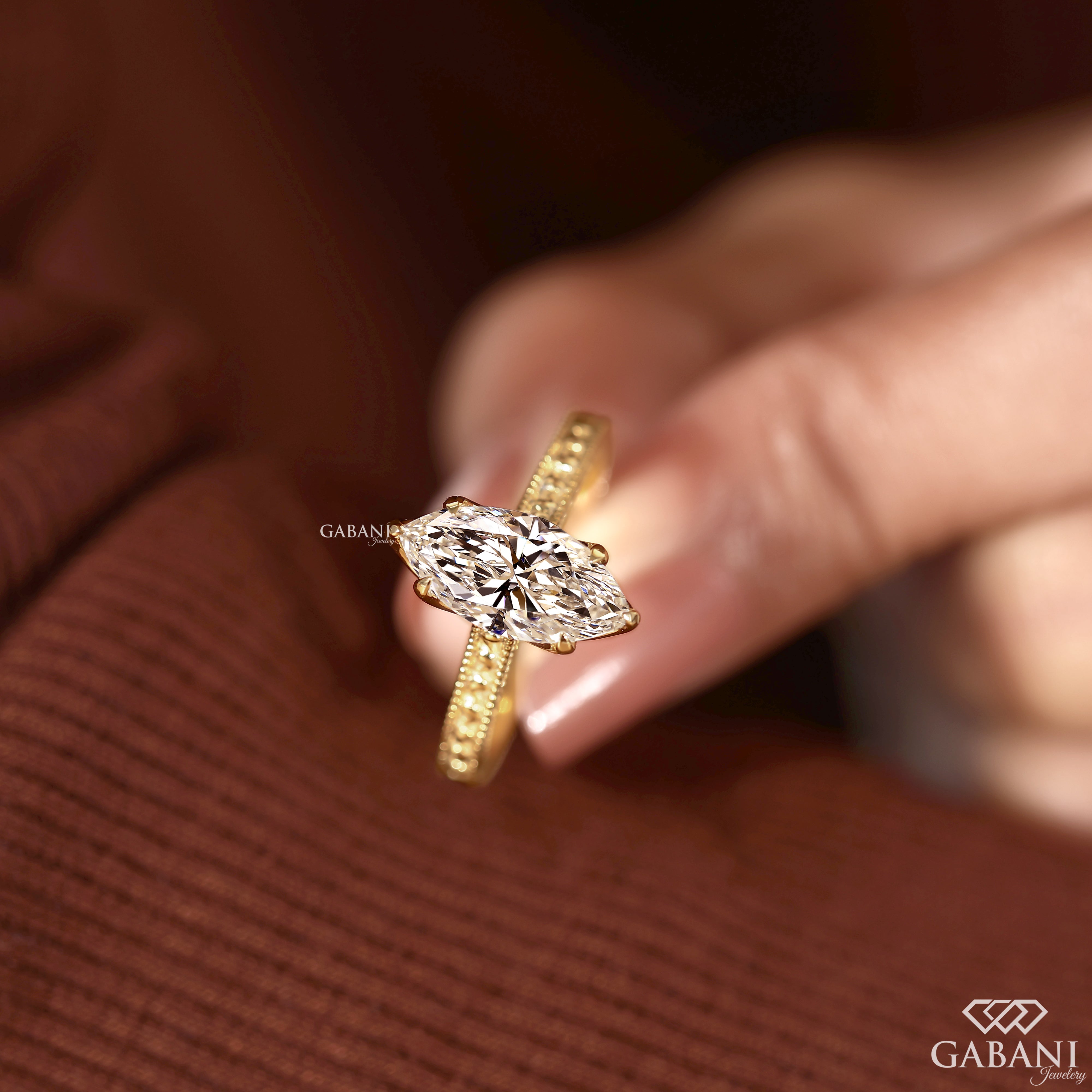 Vintage marquise engagement ring with lab grown diamond center