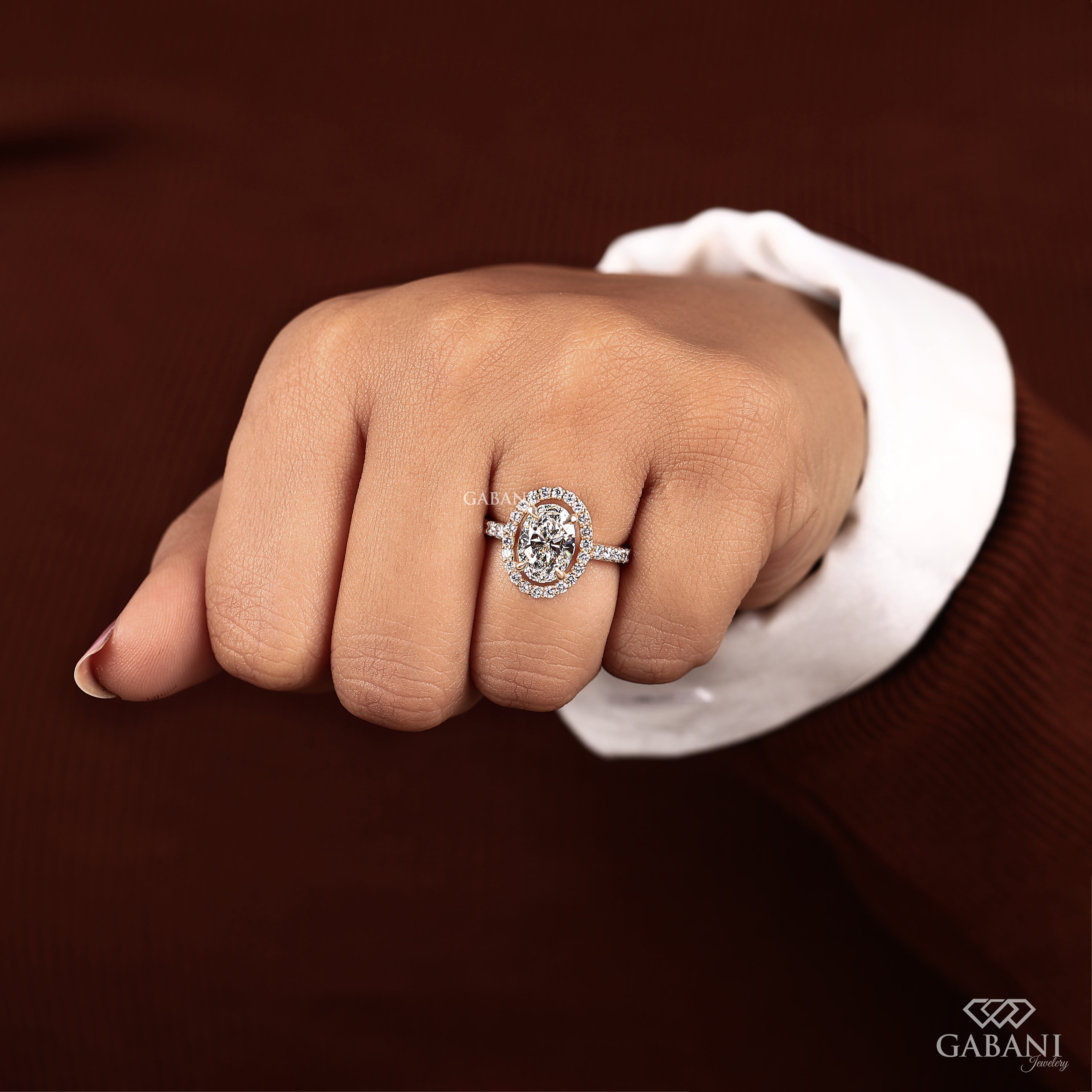 Oval cut lab grown diamond halo engagement ring with pave diamond band, IGI certified EF color VS1 clarity, yellow gold bridal ring.