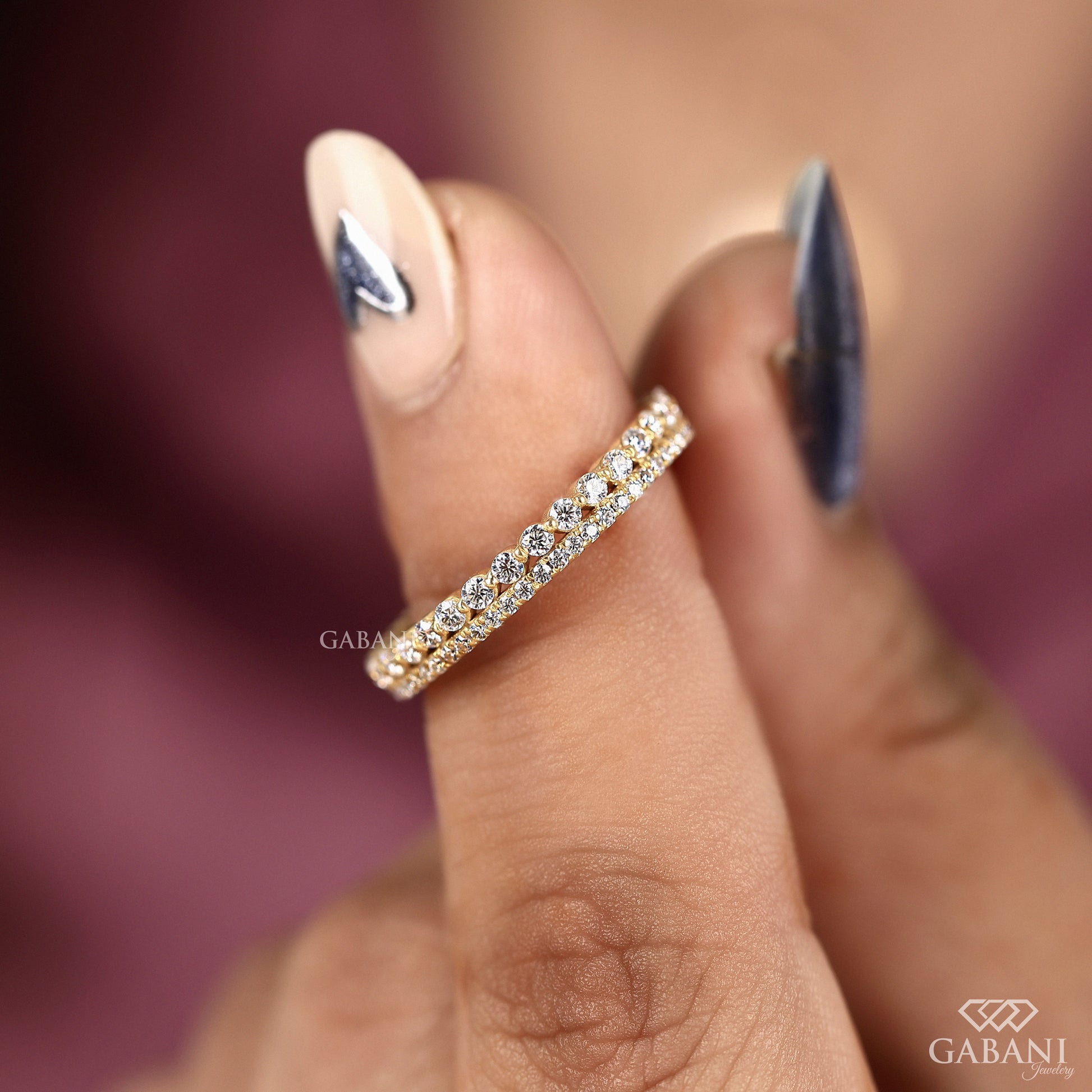 double row lab diamond band with slim profile in yellow gold designed as a stackable wedding or anniversary ring