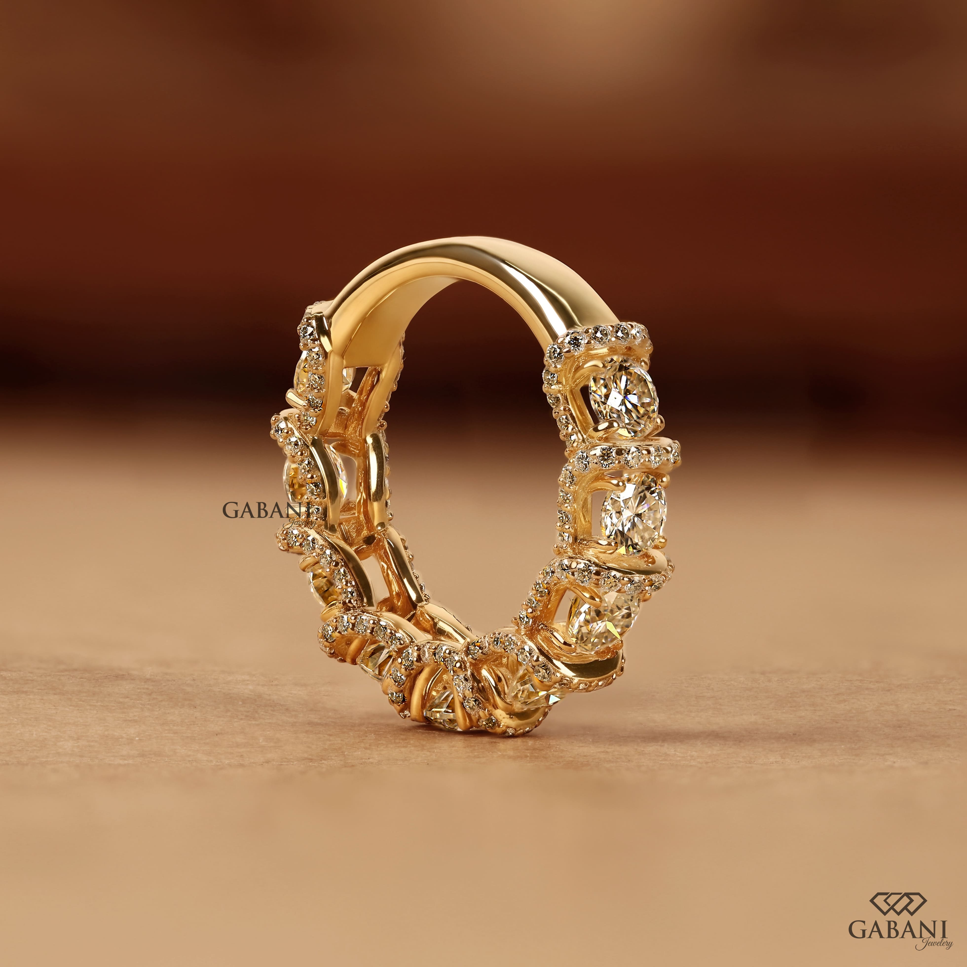 Five stone round cut lab grown diamond wedding band in yellow gold with diamond accent setting, designed for bridal, anniversary and stackable wear.