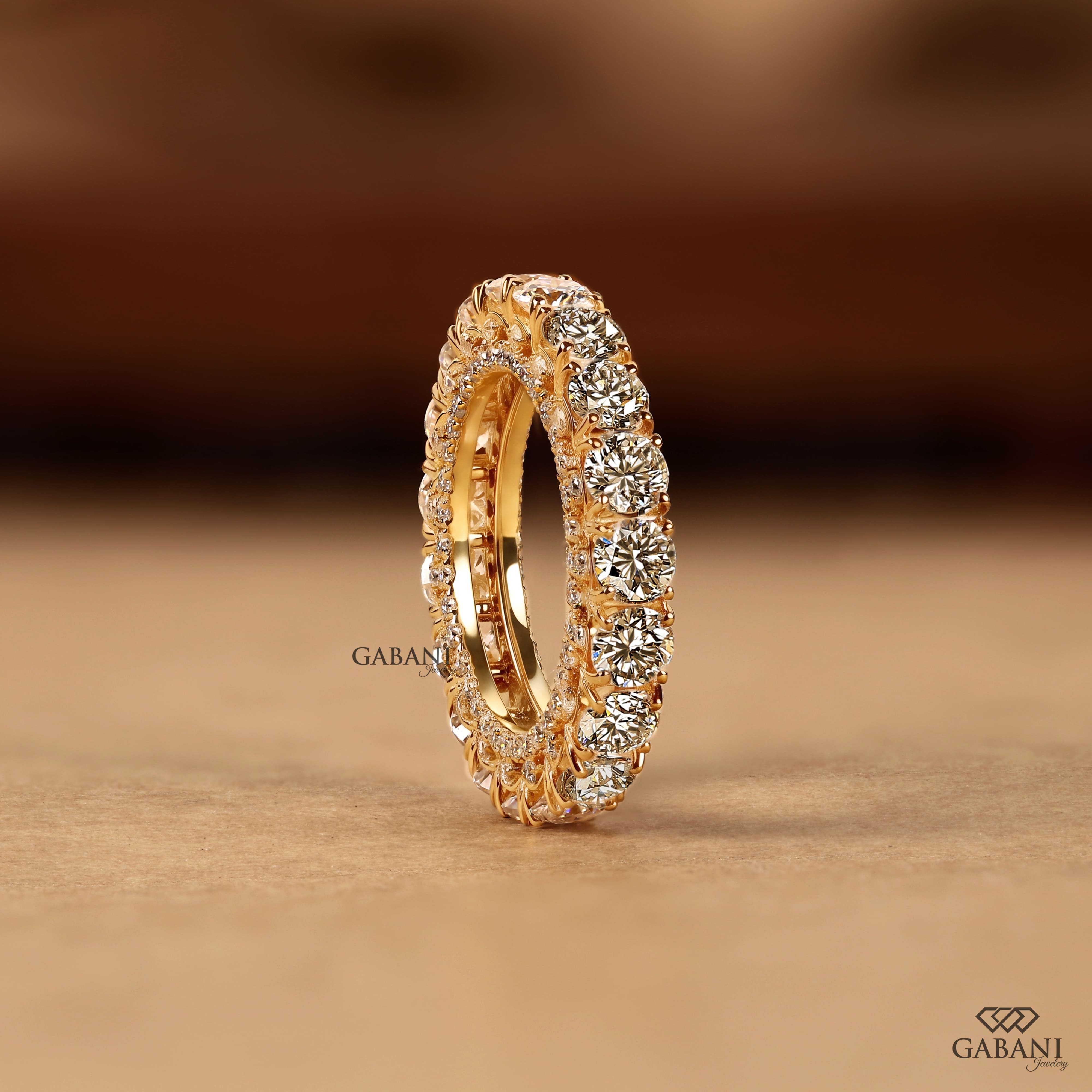 Round cut lab grown diamond full eternity band in yellow gold with continuous diamonds and side accent stones, designed for wedding, anniversary, bridal, and stackable wear.