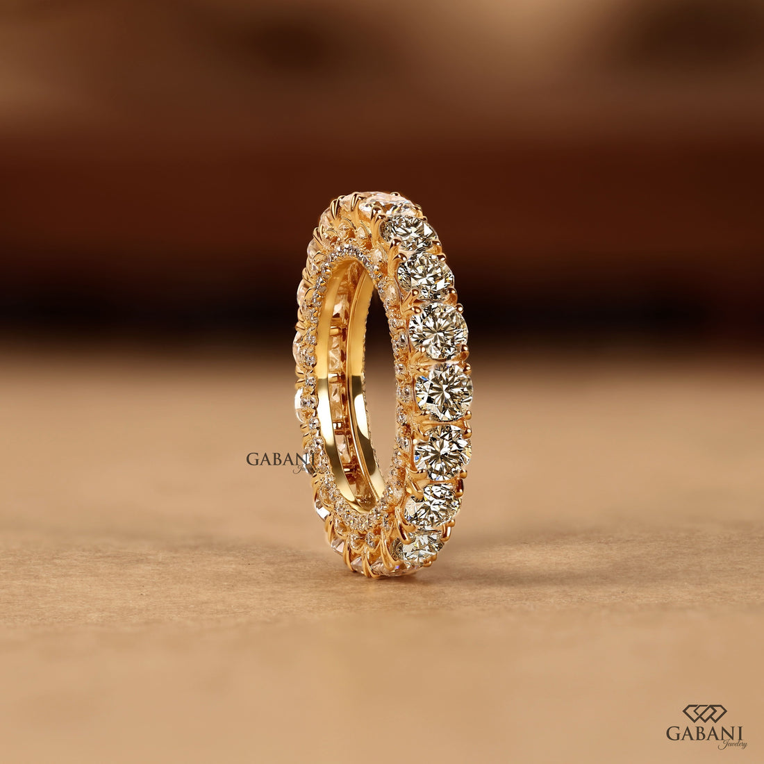 Round cut lab grown diamond full eternity band in yellow gold with continuous diamonds and side accent stones, designed for wedding, anniversary, bridal, and stackable wear.