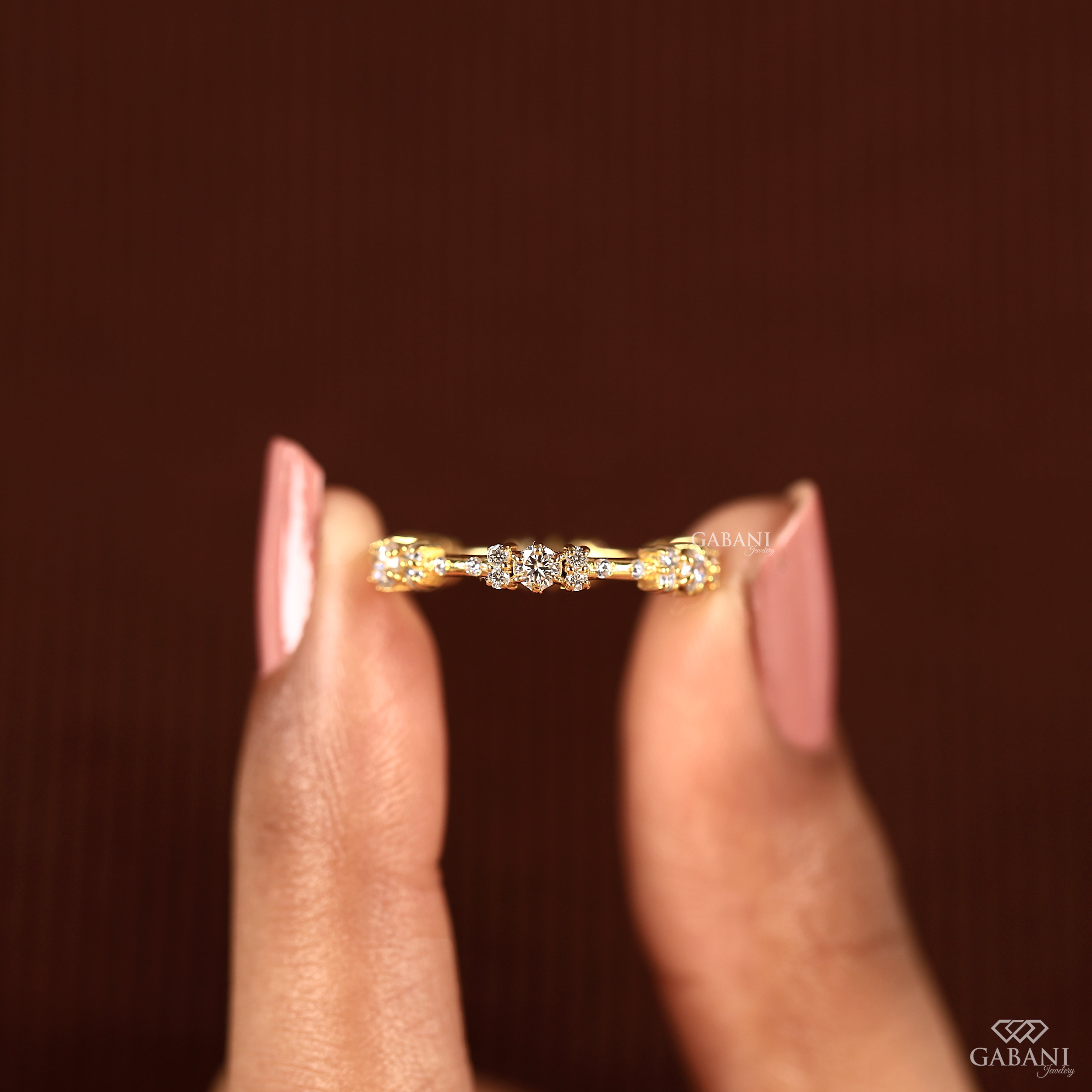 Close-up of a vintage style lab grown diamond eternity band featuring a comfortable fit and an endless row of sparkling diamonds.