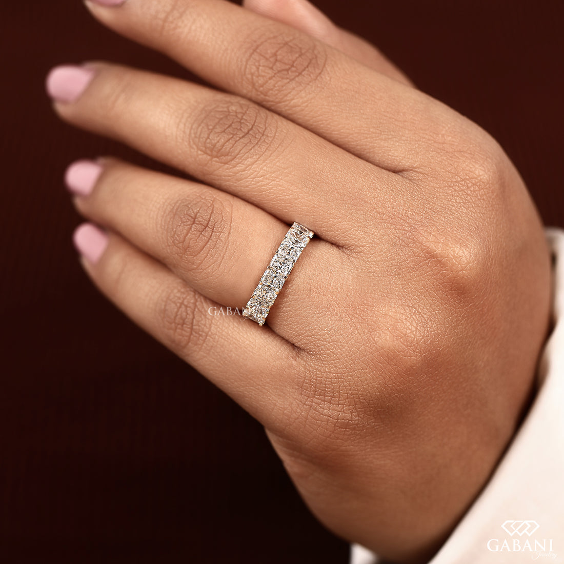 Radiant cut lab grown diamond half eternity band by Gabani Jewelry