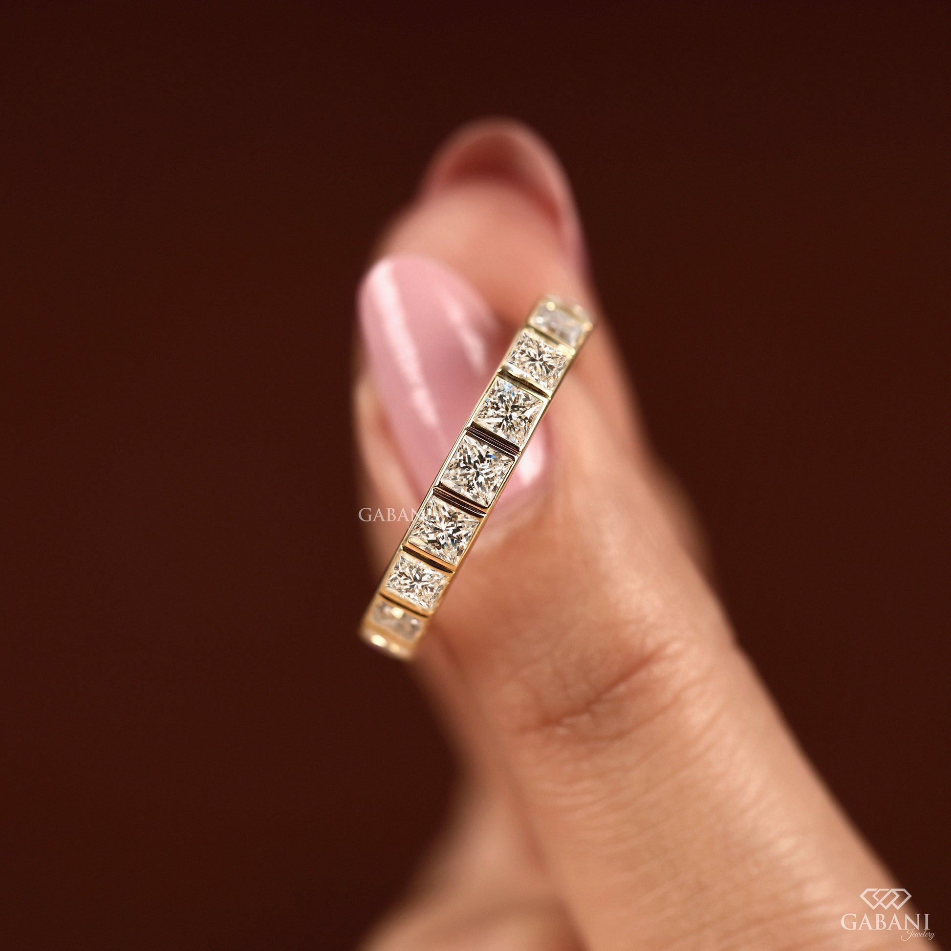 thick band wedding ring with princess cut lab grown diamonds for women