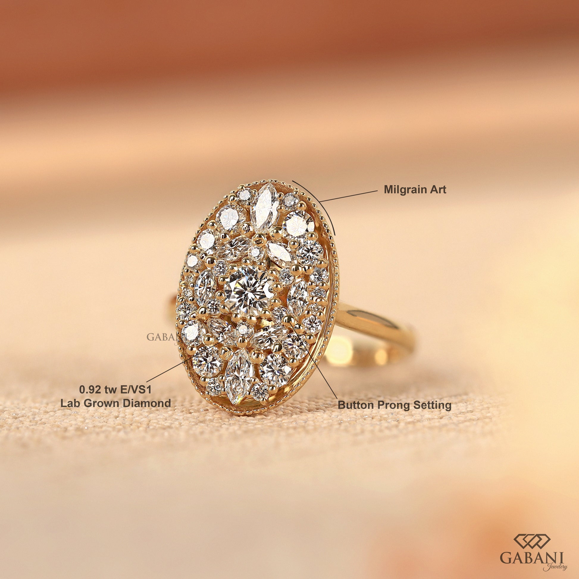 Elegant oval mosaic lab diamond ring with smooth gold band
