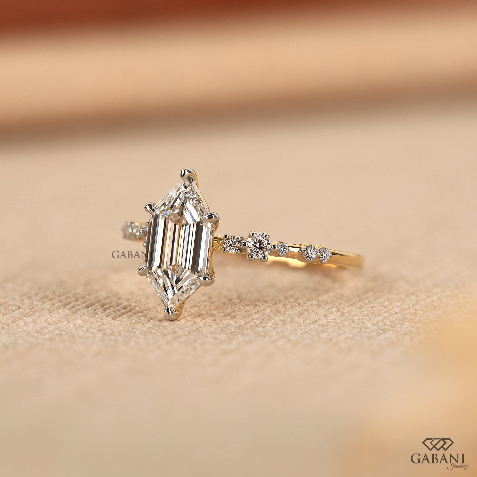 Lab grown hexagon diamond ring with Art Deco design and polished finish