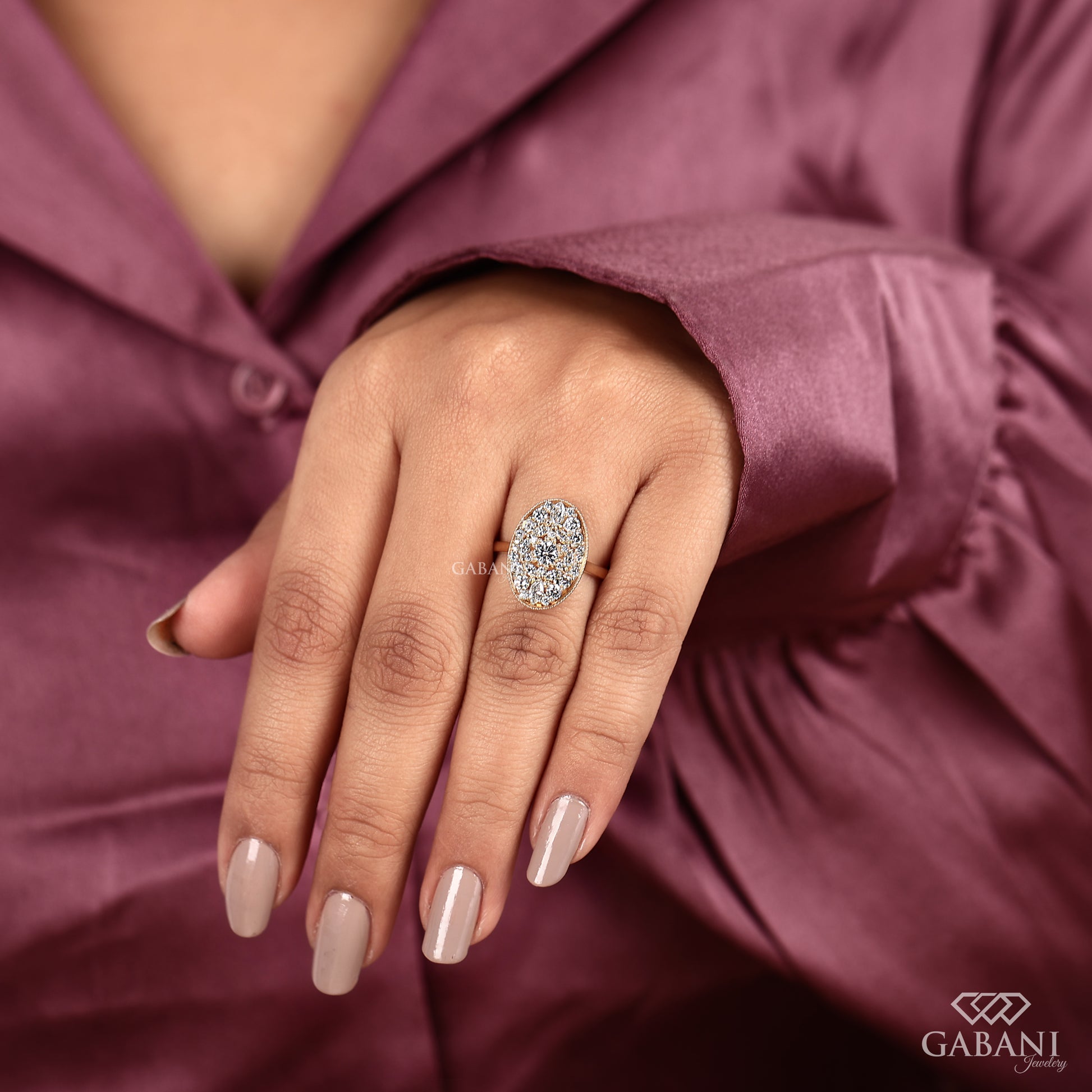 Handcrafted oval mosaic lab grown diamond ring
