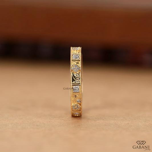 art deco eternity band with princess cut and round lab grown diamonds in yellow gold with milgrain detail