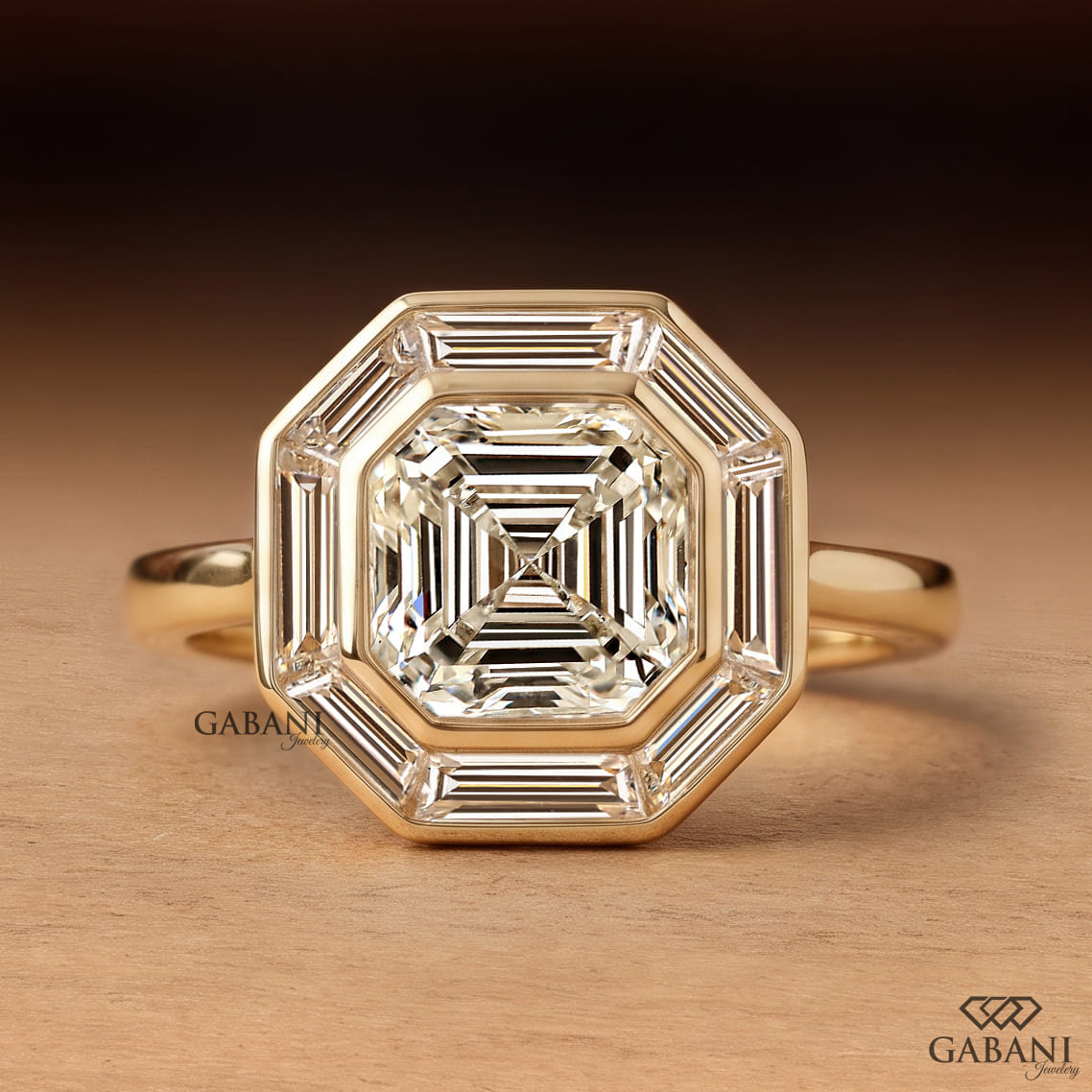 Asscher cut lab grown diamond engagement ring with baguette diamond halo in 18K yellow gold, featuring a vintage Art Deco design.